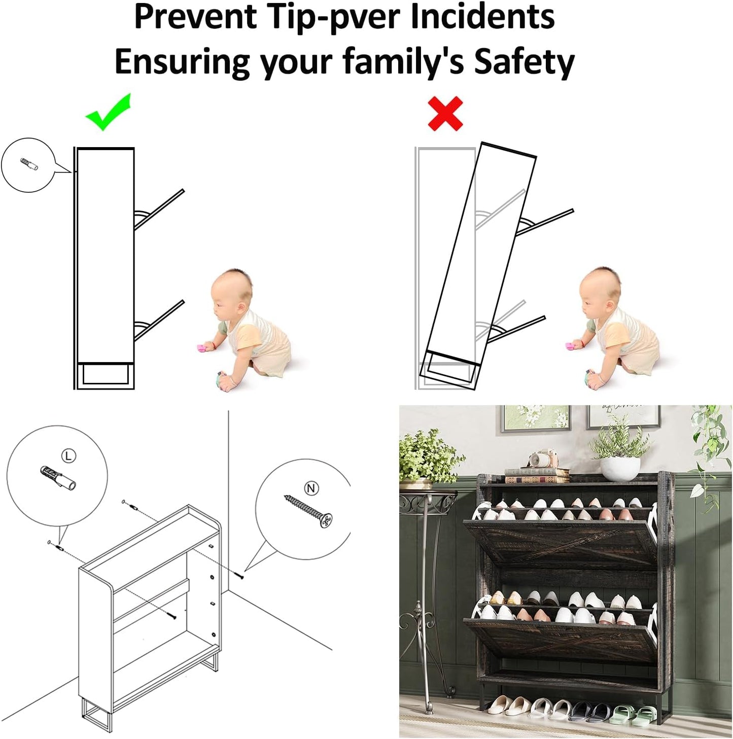 Maupvit Shoe Storage Cabinet with 2 Flip Drawers, Freestanding Organizer with Metal Legs for Entryway, Narrow Shoe Rack Cabinet, Dark Rustic Oak