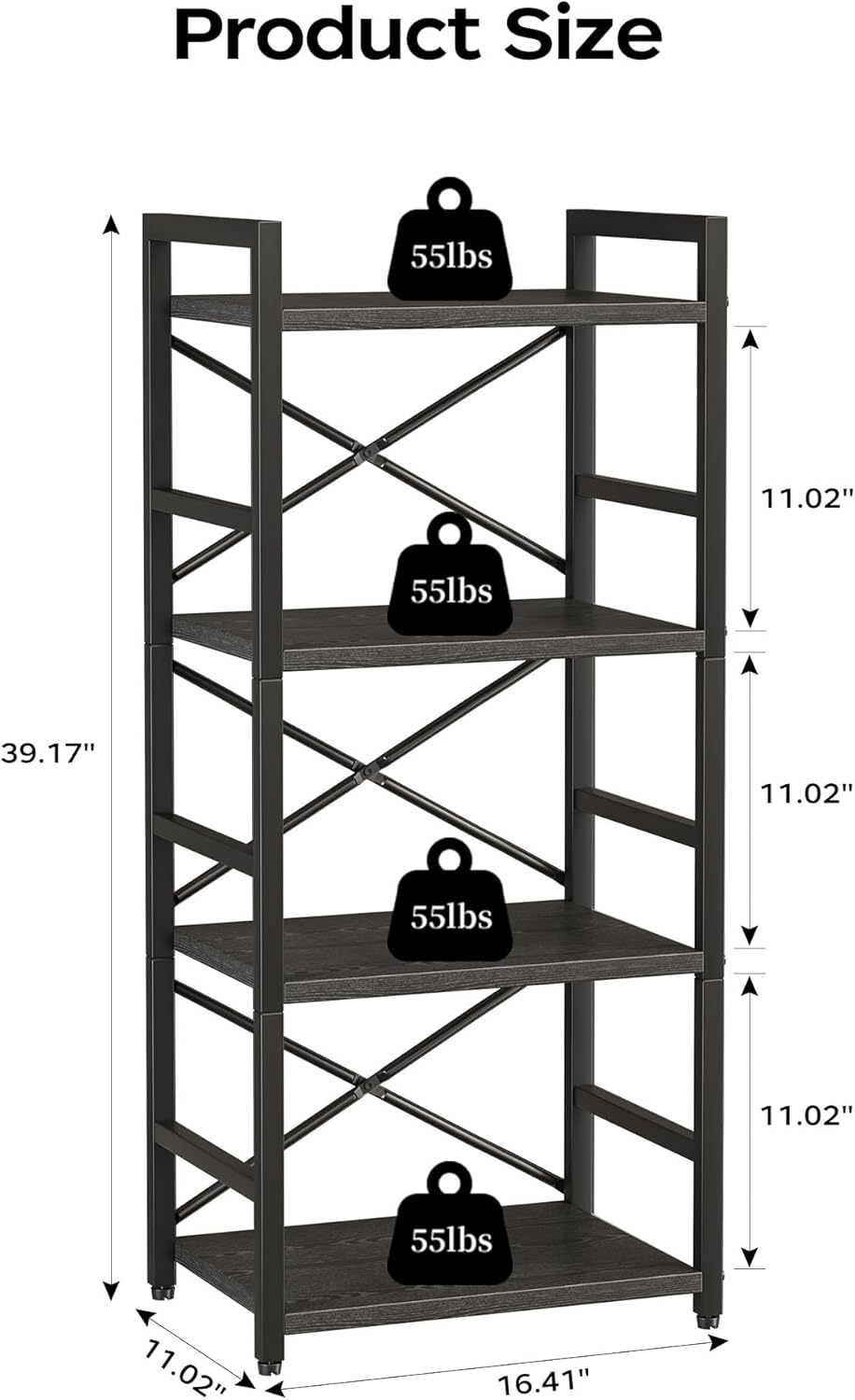 Homeiju Black Bookshelf, 4 Tier Small Bookcase, Black Metal Small Bookcase, Book Shelf Organization and Storage for Living Room, Bedroom, and Home Office
