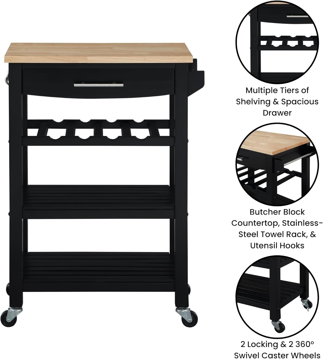 Convenience Concepts Ellaine 4 Tier Kitchen Cart with Drawer and Wine Rack, 24.75", Black/Butcher Block