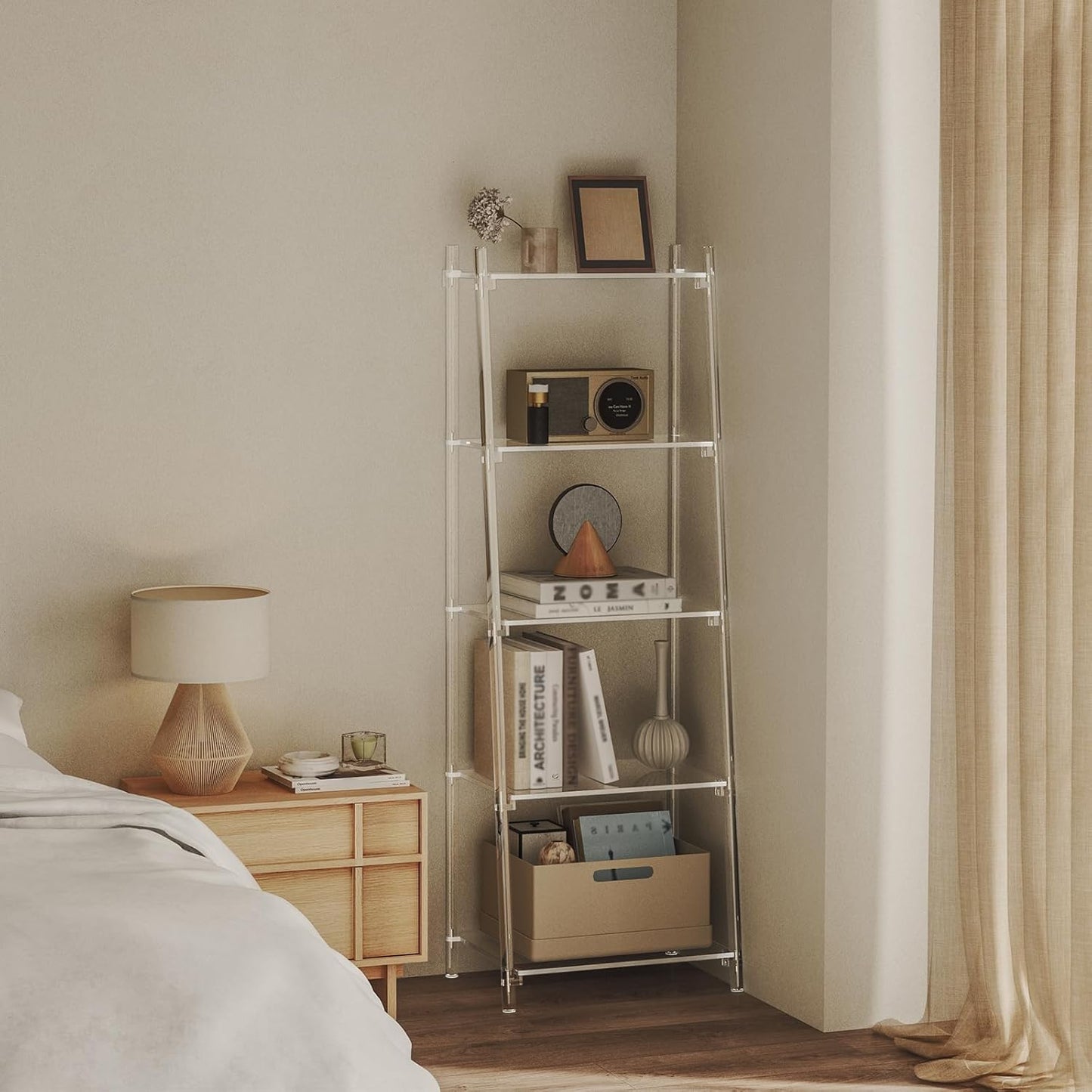 Acrylic Ladder Bookshelf, 13.8" D x 20.5" W x 59" H, 5-Tier Tall Clear Bookcase, Multifunctional Storage Book Shelf for Living Room, Bedroom, Office, Modern, Easy Assembly