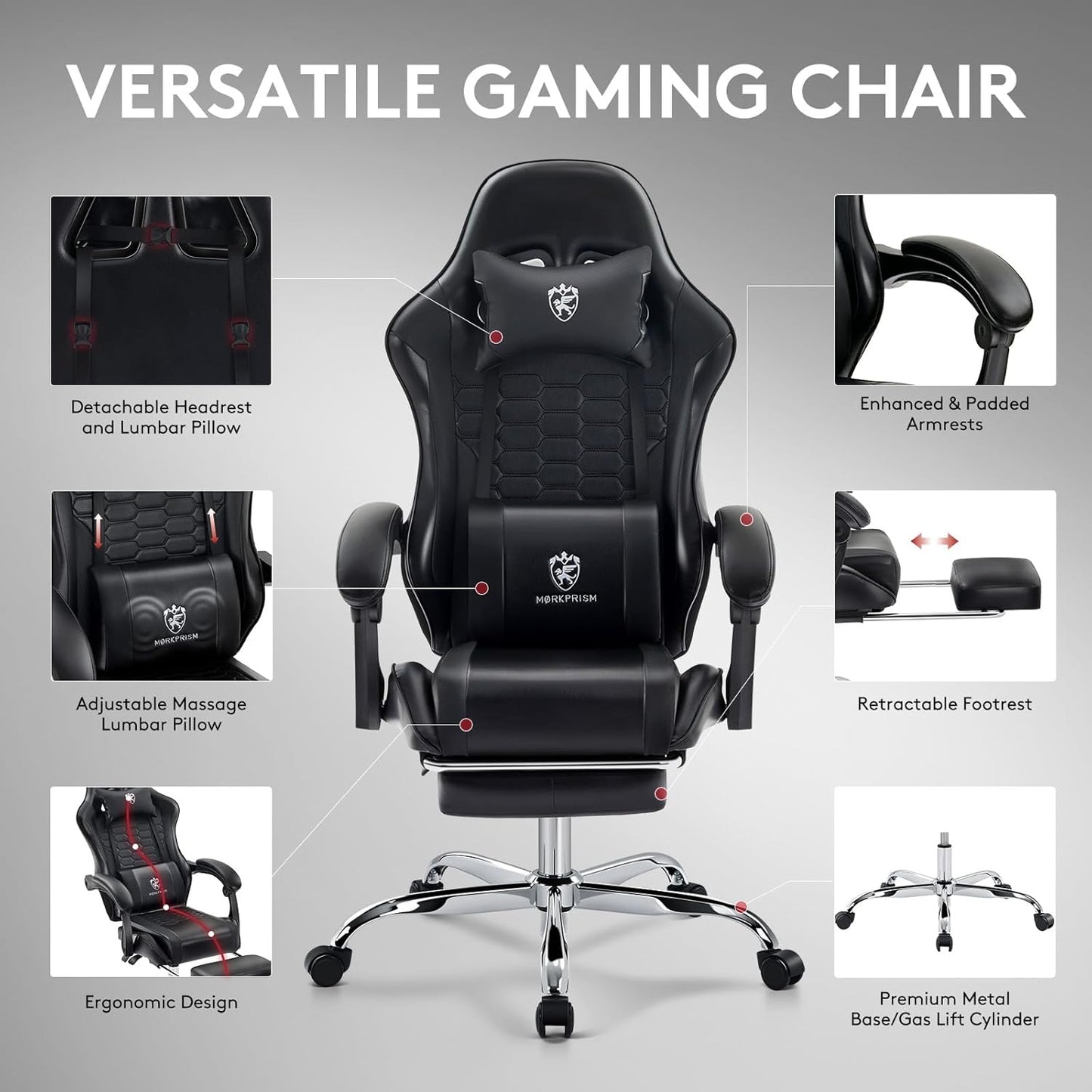 Gaming Chair,Computer Office Chair with Footrest,Massage Lumbar Support and Gel Pad,Ergonomic Reclining Adjustable Leather Gamer Chair with Headrest and Spring Cushion Black