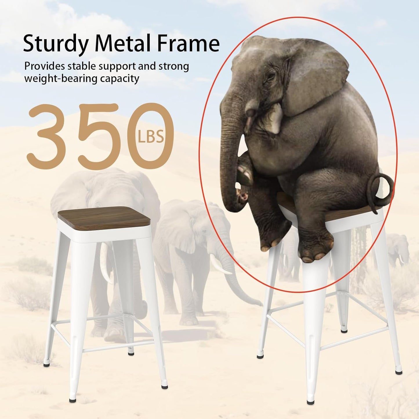 26 inch Backless Bar Stools Set of 4, Indoor Metal Bar Stools with Wood Seat, Industrial Counter Height Barstools for Kitchen Island, White