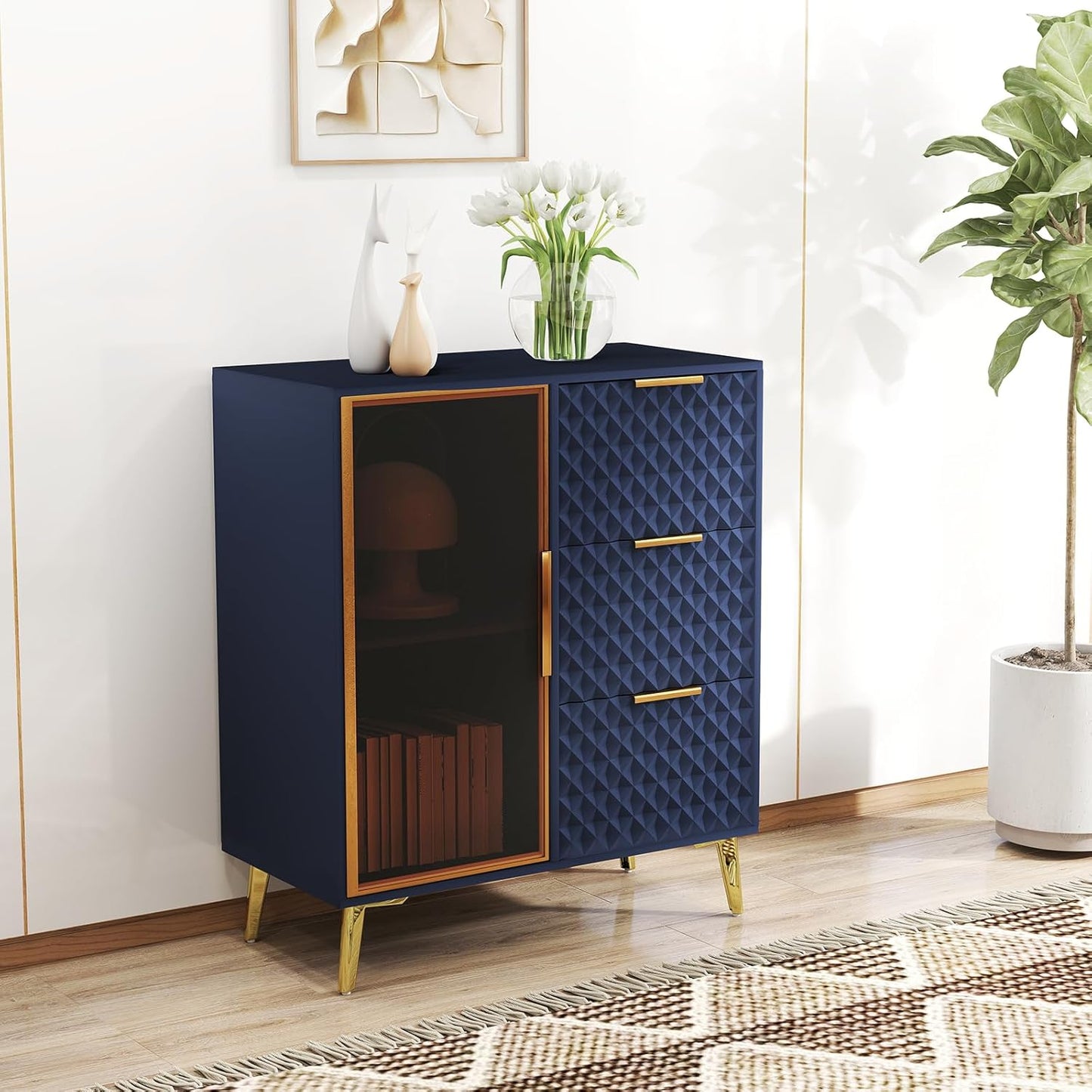 Rovibek Modern Sideboard Cabinet with Storage, Small Kitchen Buffet Cabinet with Glass Door & 3 Drawers, 31" Accent Sideboard Buffet for Kitchen, Living Room, Blue