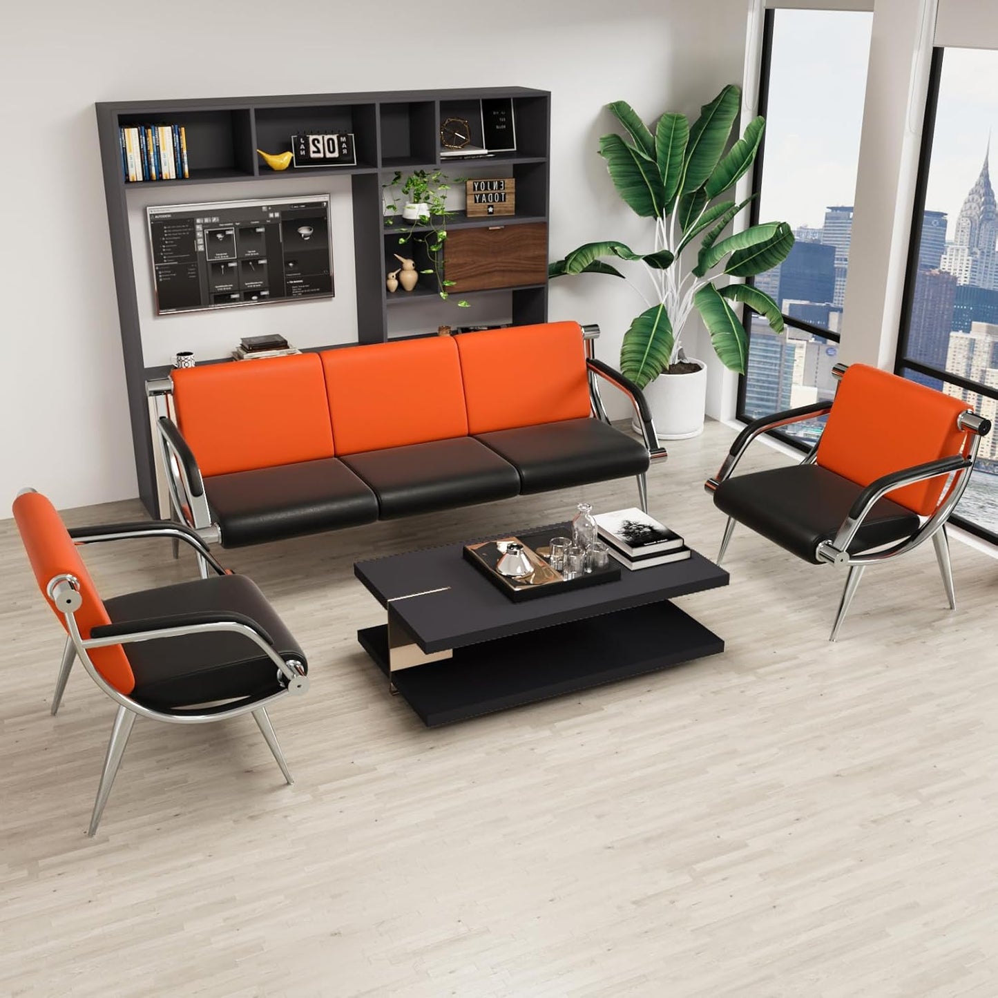 wonline 3 Seat Waiting Room Chair with Armrest PU Leather Office Furniture, Office Guest Seating Lobby Conference Reception Chairs for Airport Clinic Hospital Bank Salon Barber(Orange&Black)