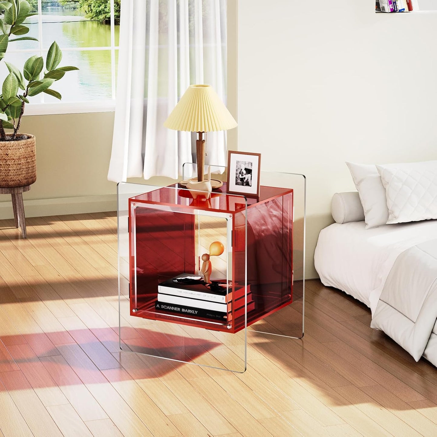 Acrylic Nightstand Colorful Bedside Table with Open Storage Shelf,Clear Side Table for Living Room (1, Red)