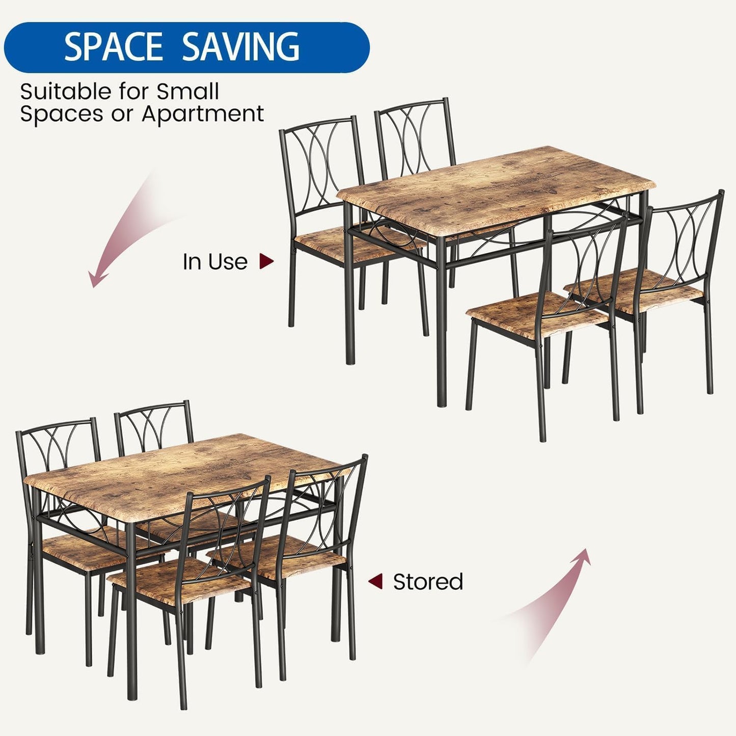 IDEALHOUSE Dining Table Set for 4, Kitchen Table and Chairs Set for 4, Rectangular Kitchen Table Set, 5 Piece Small Dining Table Set with Wood Chairs for Apartment, Small Space, Retro Brown