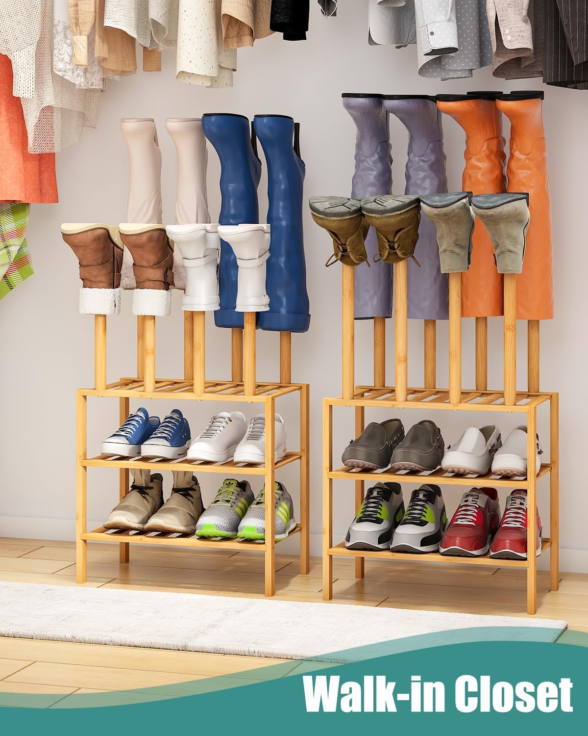 Small Boot Rack with Shoe Rack, Boot Rack Organizer Tall Boots for Closet, Bamboo Wood Shoe Shelf Storage Organizer for Entryway Small Space