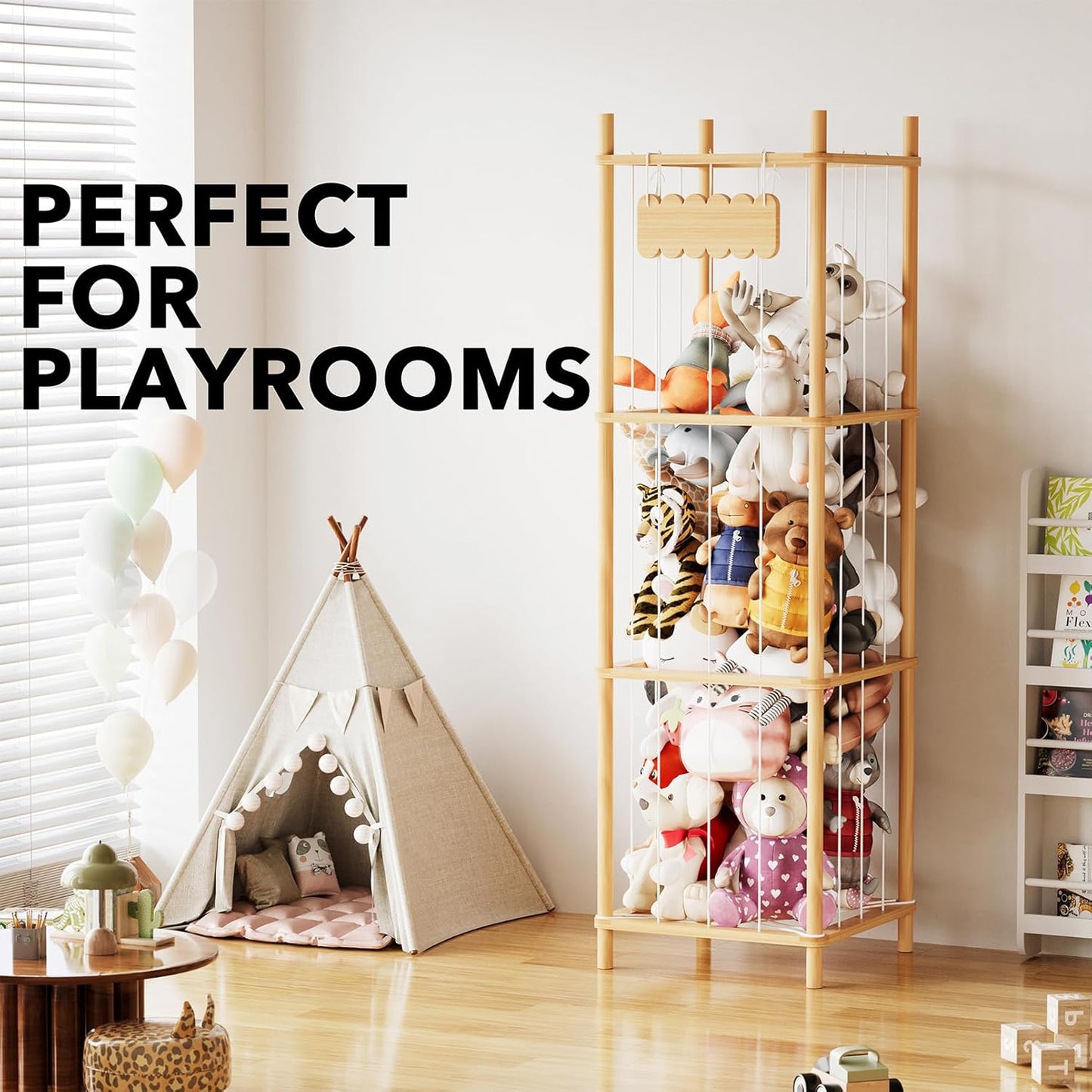 SpaceAid Stuffed Animal Storage Organizer, Wood Animals Zoo Toy Plushies Storage Holder, Large Capacity Plush Toy Cage for Playroom Organization, 15.8" Wide, Natural