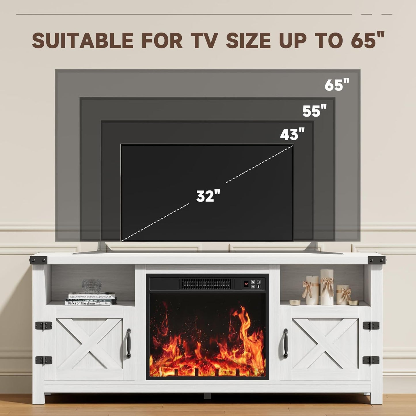 YESHOMY Fireplace TV Stand with Barn Doors and Open Display Shelf, Farmhouse Media Console with Hidden Cable Routing, Entertainment Center for Televisions up to 65+ Inch, White