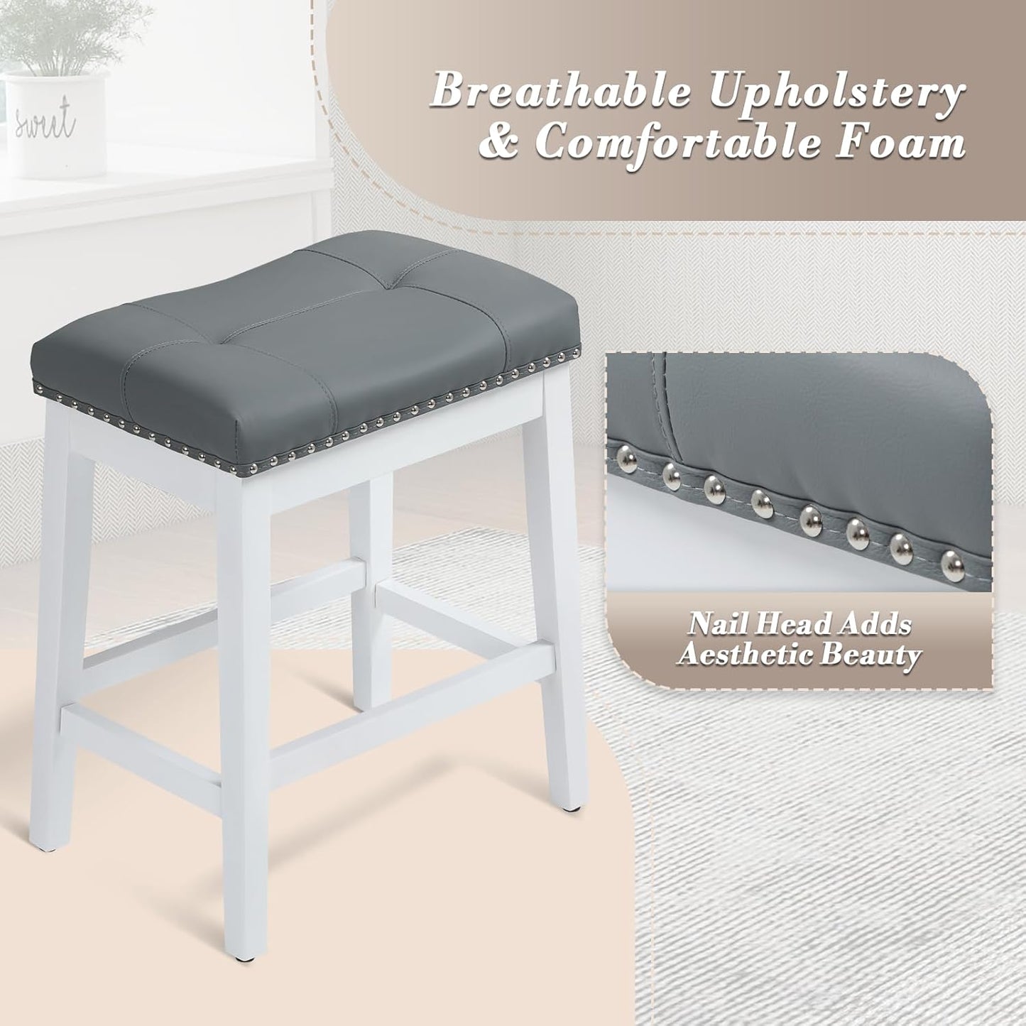 Athena Collection Bar Stools Set of 2, 25 Inches Counter Height Bar Stools Backless with Footrest, Leather Upholstered Saddle Barstools with Nailhead Trim for Kitchen Island, Counter, Grey White