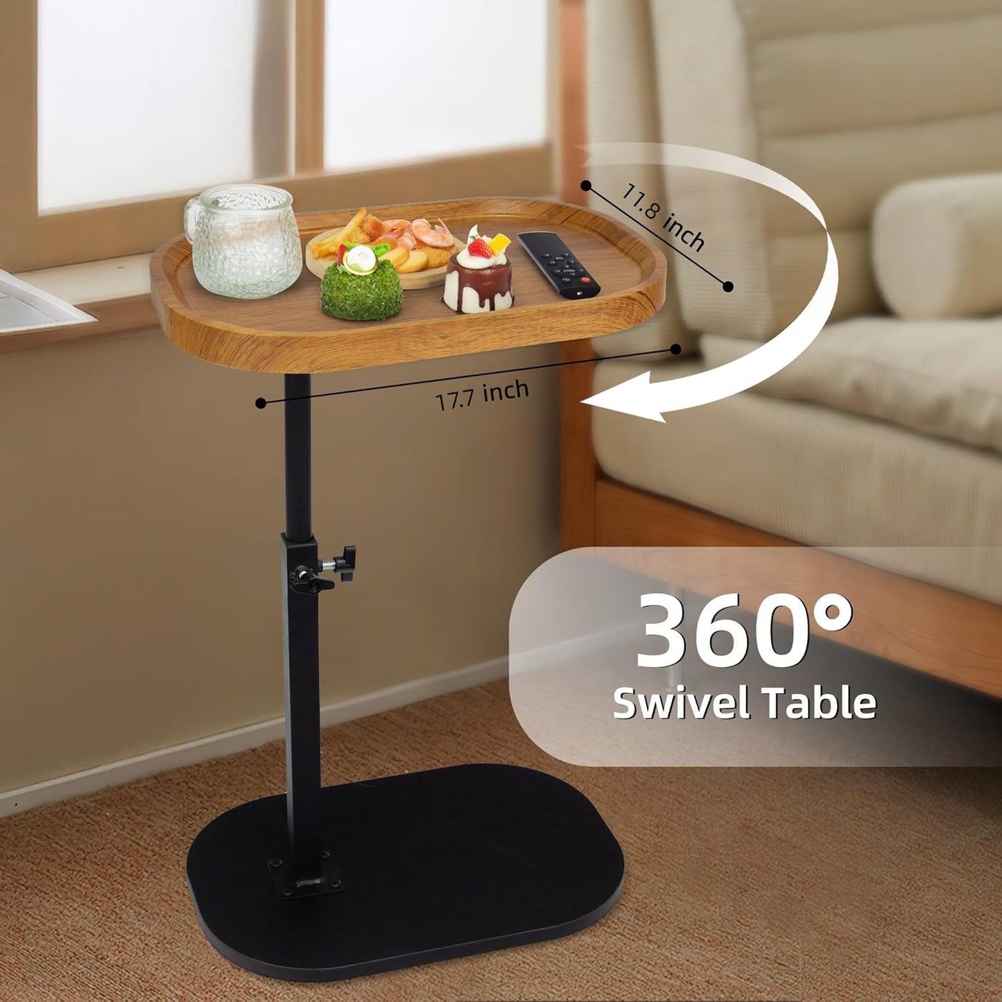 Aoligrace End Table Adjustable Height, 360°Swivel TV Tray C Table for Couch Sofa Bed, Wood Side Table for Living Room Bedroom Small Spaces