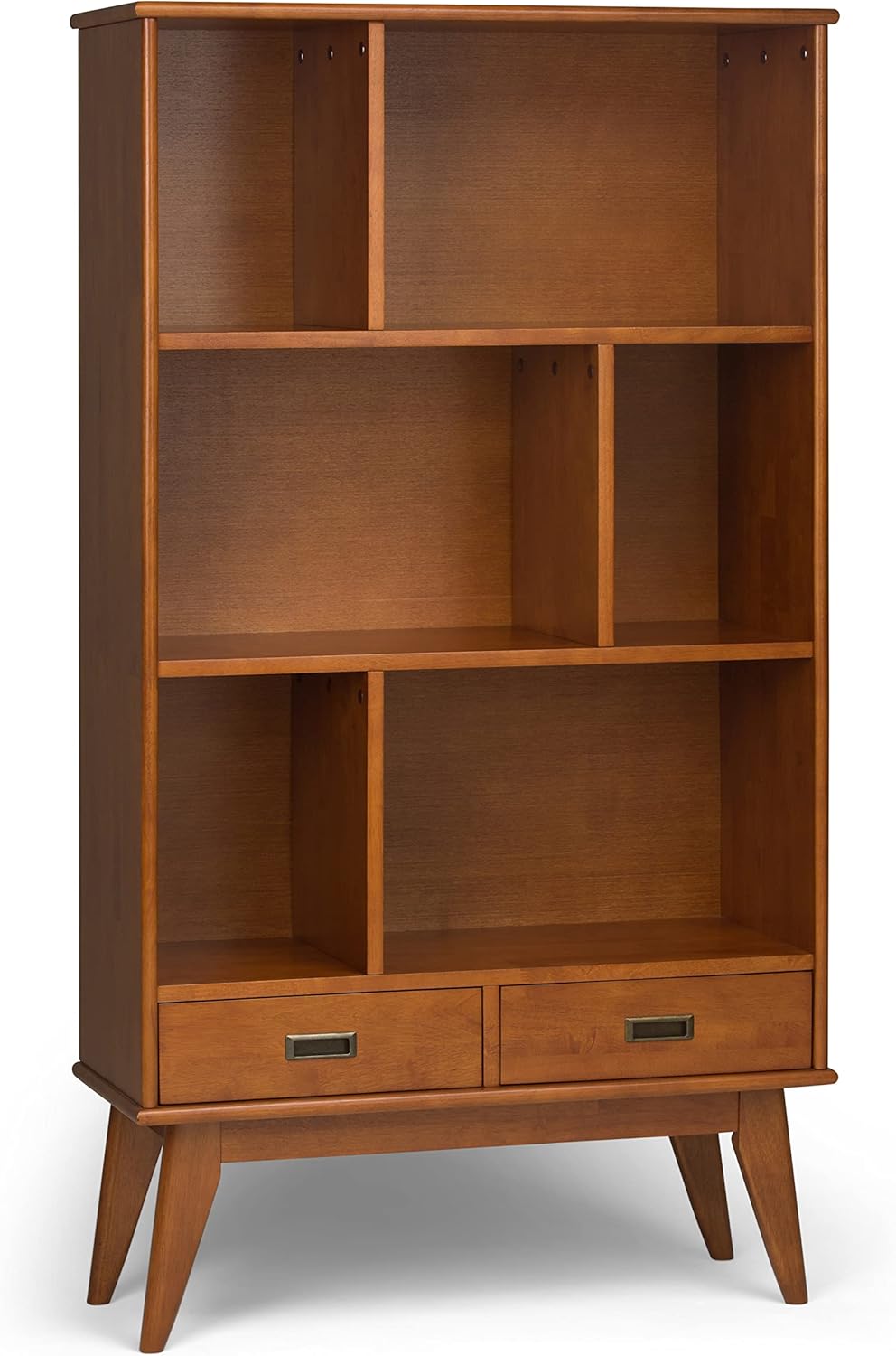 SIMPLIHOME Draper 35 inch Mid-Century Modern 6 Cubbie Bookcase with Drawer (Set of 2) in Teak Brown for The Living Room, Study Room and Office