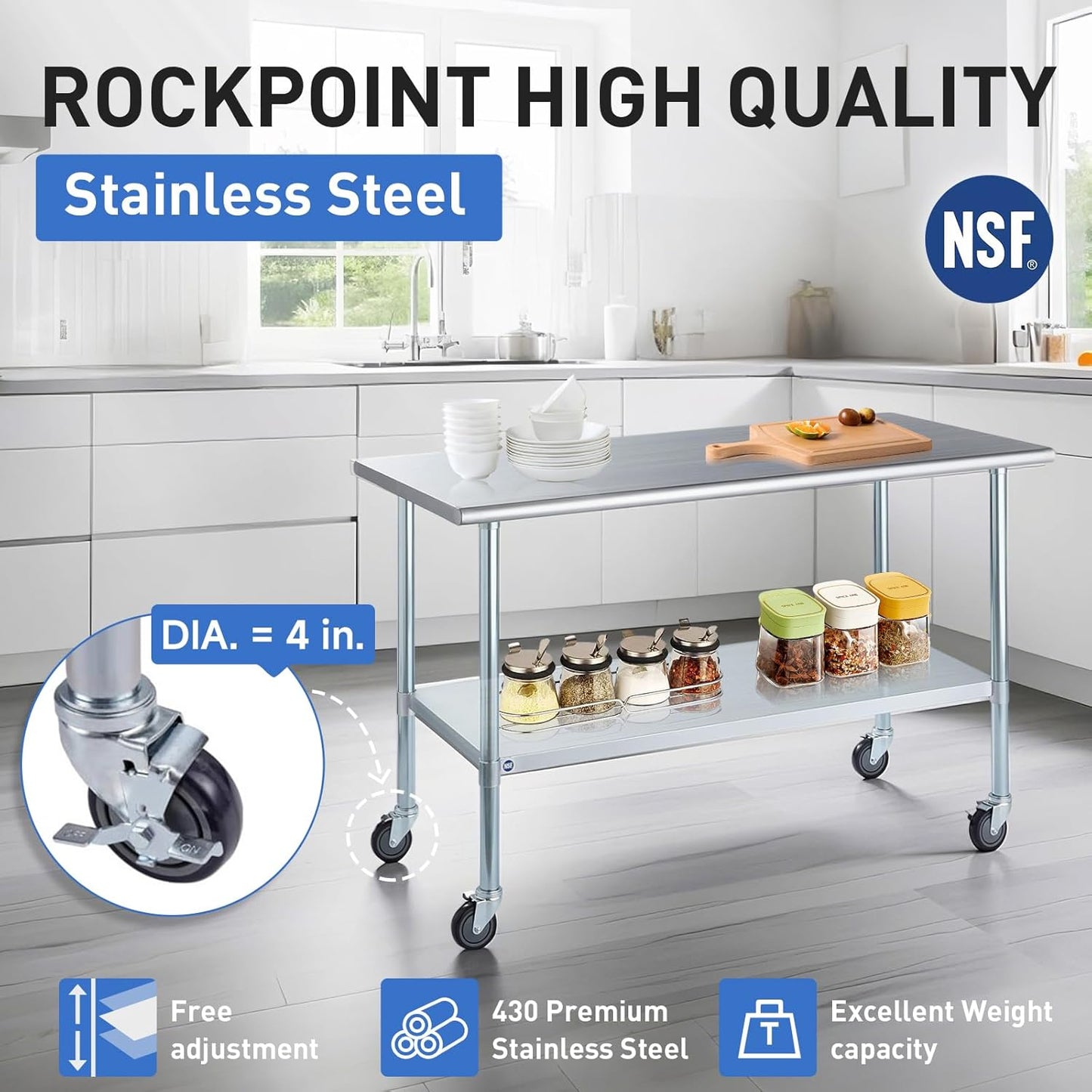 ROCKPOINT Stainless Steel Table for Prep & Work with Caster Wheels 14x24 Inches, NSF Metal Commercial Kitchen Heavy Duty Table with Adjustable Under Shelf and Table Foot for Restaurant, Home and Hotel