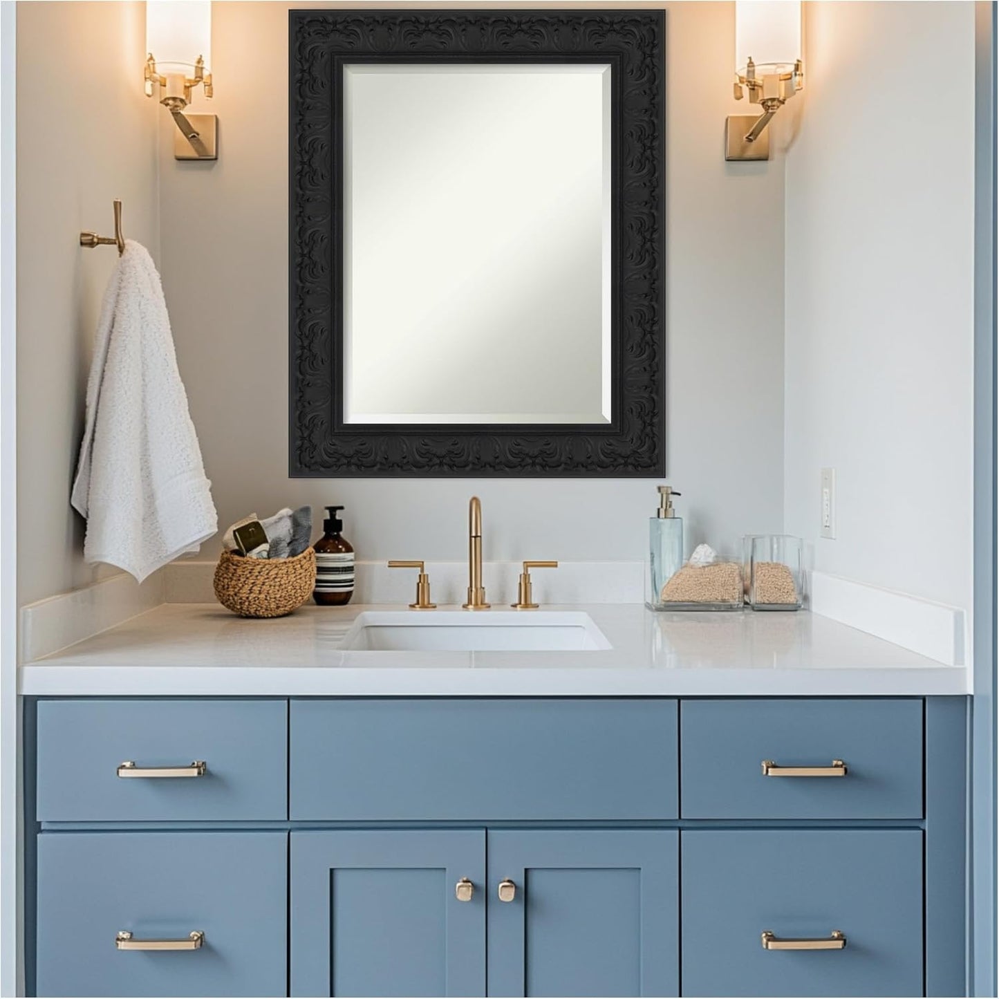 Amanti Art Black Bathroom Mirror for Over Sink, 31x25 Luxe Black Rectangle Vanity Mirror, Medium Traditional Frame, Hangs Horizonally and Vertically, Bathroom Wall Decor, Beveled Edge