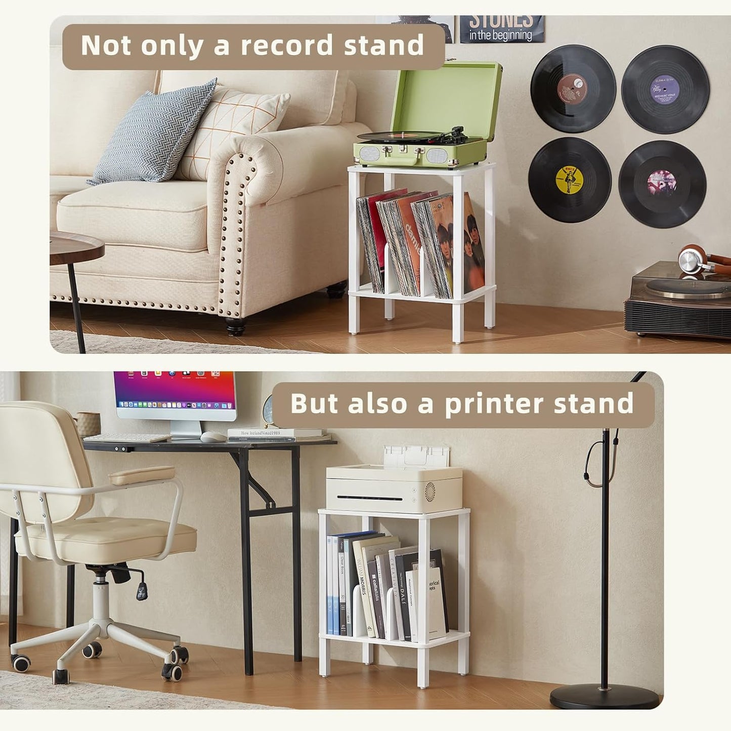 LELELINKY 2-Tier Record Player Stand with Vinyl Record Storage up to 100 Albums, Bedroom Record Holder and Multi-Functional End Table for Living Room, White