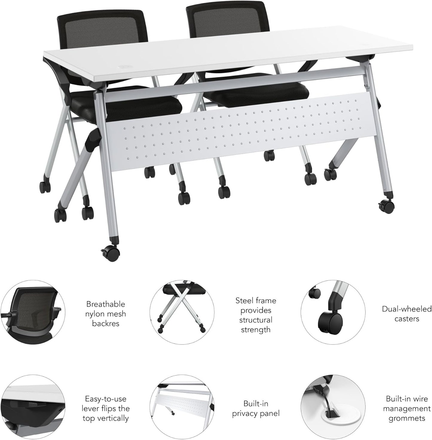Bush Business Furniture Folding Training Table Set for 2, 60 inch, 2 Mesh Back Folding Chairs with Arms, Commercial-Grade Bundle for Office or Classroom, Envision Collection, White