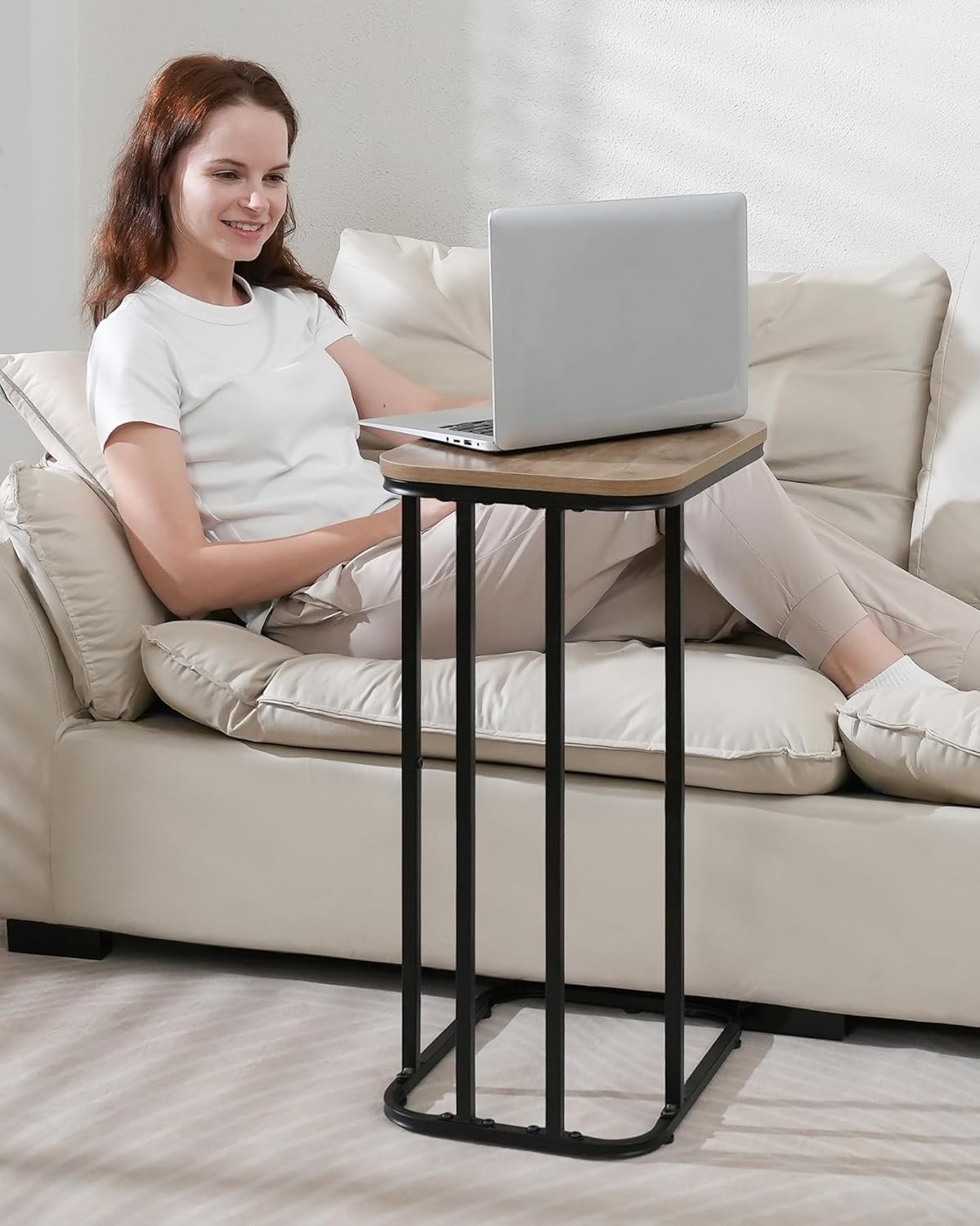 C Shaped End Table Set of 2, Small Side Table for Sofa and Bed, Couch Tables That Slide Under, Tall Tv Tray Table for Living Room, Bedroom, Greige + Black