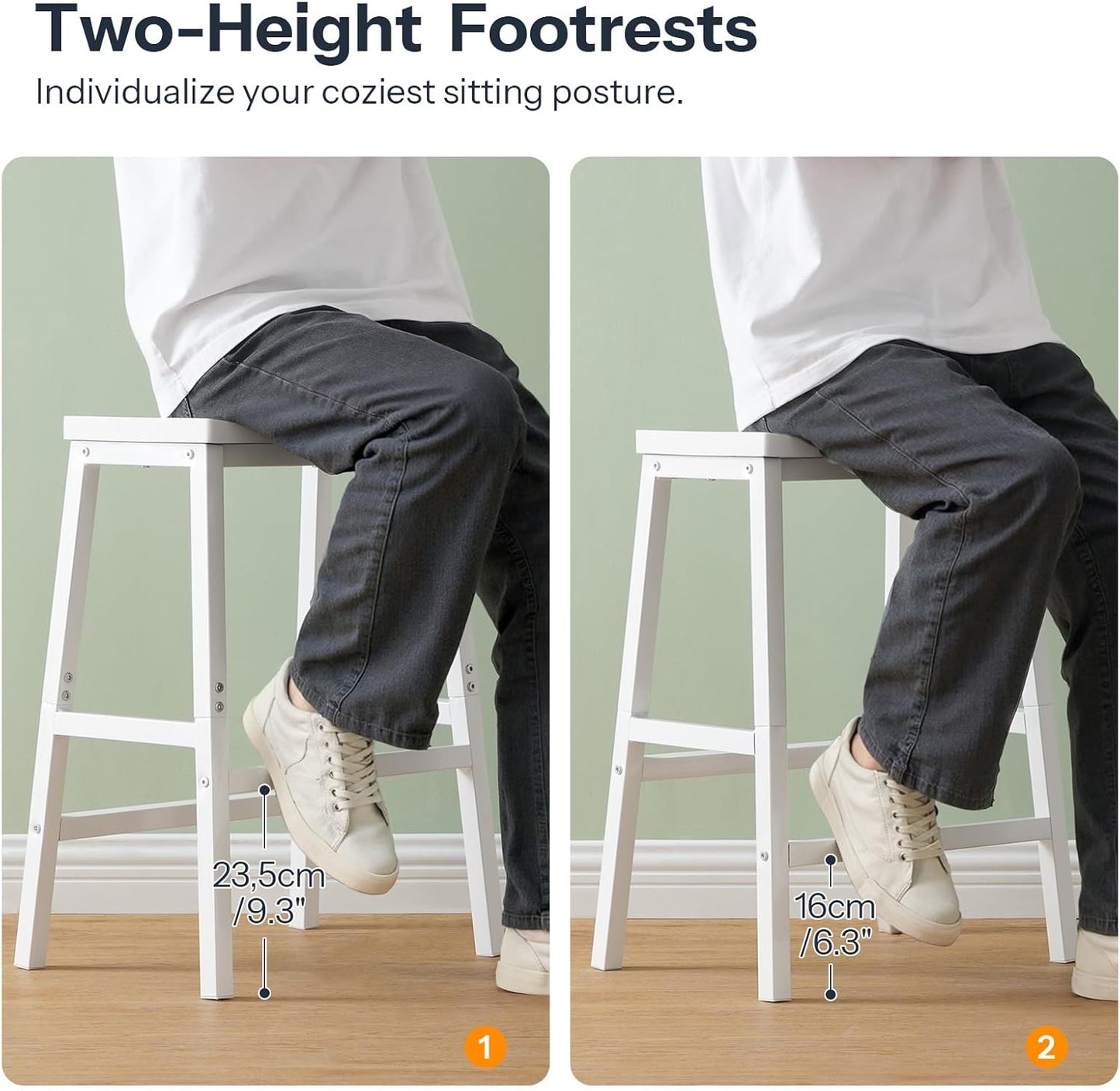 HOOBRO Bar Stools, Set of 2 Bar Chairs, 23.6 Inch Saddle Stools, Kitchen Counter Seat with Footrests, Industrial Barstools for Dining Room, Kitchen, Counter, Bar, White WW02MD01