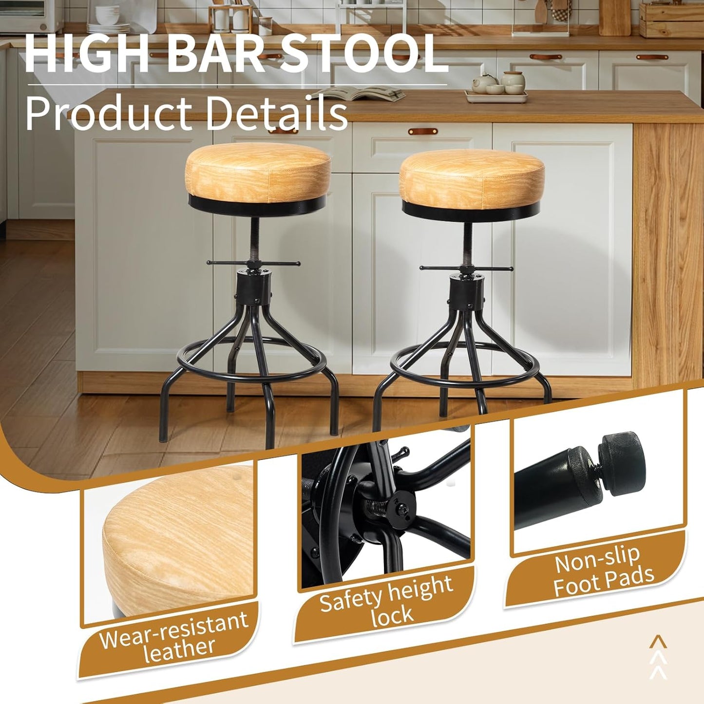 Swivel Bar Stools Adjustable Swivel Barstools Modern PU Leather 28inch Round Backless Counter Height Stool Metal Industrial Bar Chair for Kitchen Island (1, Ash Wood PU Leather)