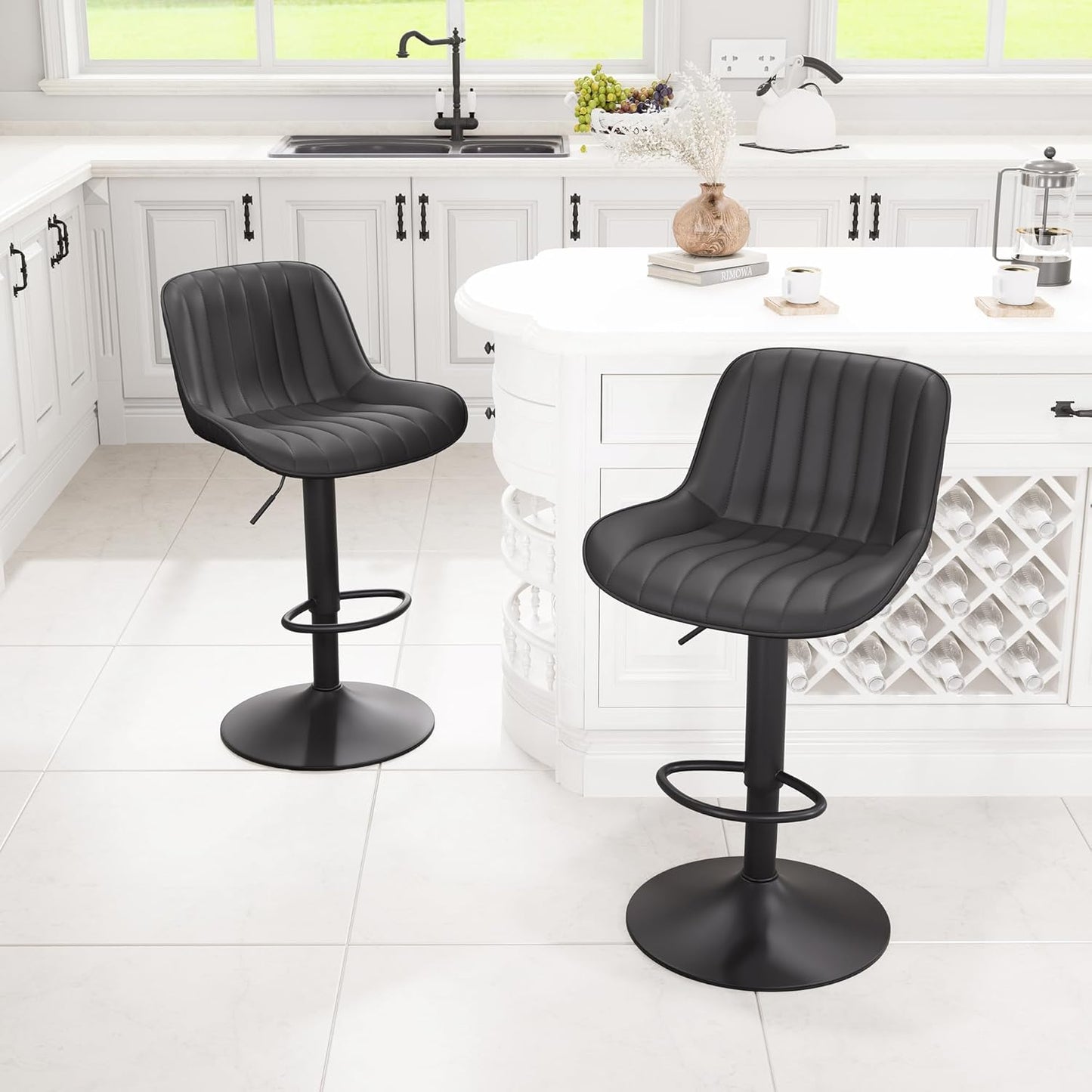 YOUNIKE Black Bar Stools Set of 2 Kitchen Counter Height Barstools with Back Modern Swivel Faux Leather Padded Bar Chair Adjustable Tall Upholstered Breakfast Island Chairs