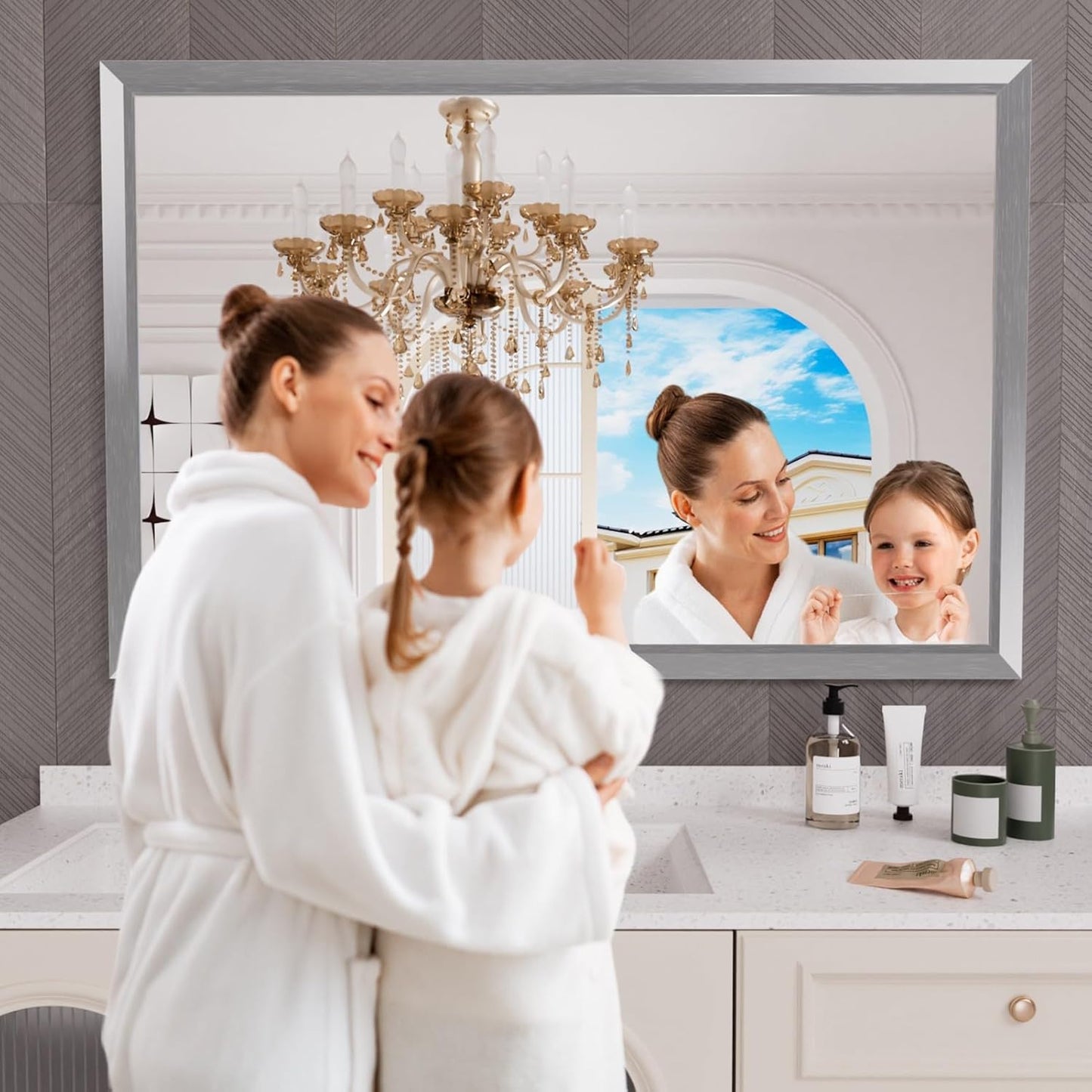 Amorho 60 X40 Inch Bathroom Mirror Silver, Thick Metal Framed Wall Mirrors for Over Sink, Brushed Nickel Mirror Perfect for Bedroom, Living Room, Entryway, Rectangle (Horizontal/Vertical).
