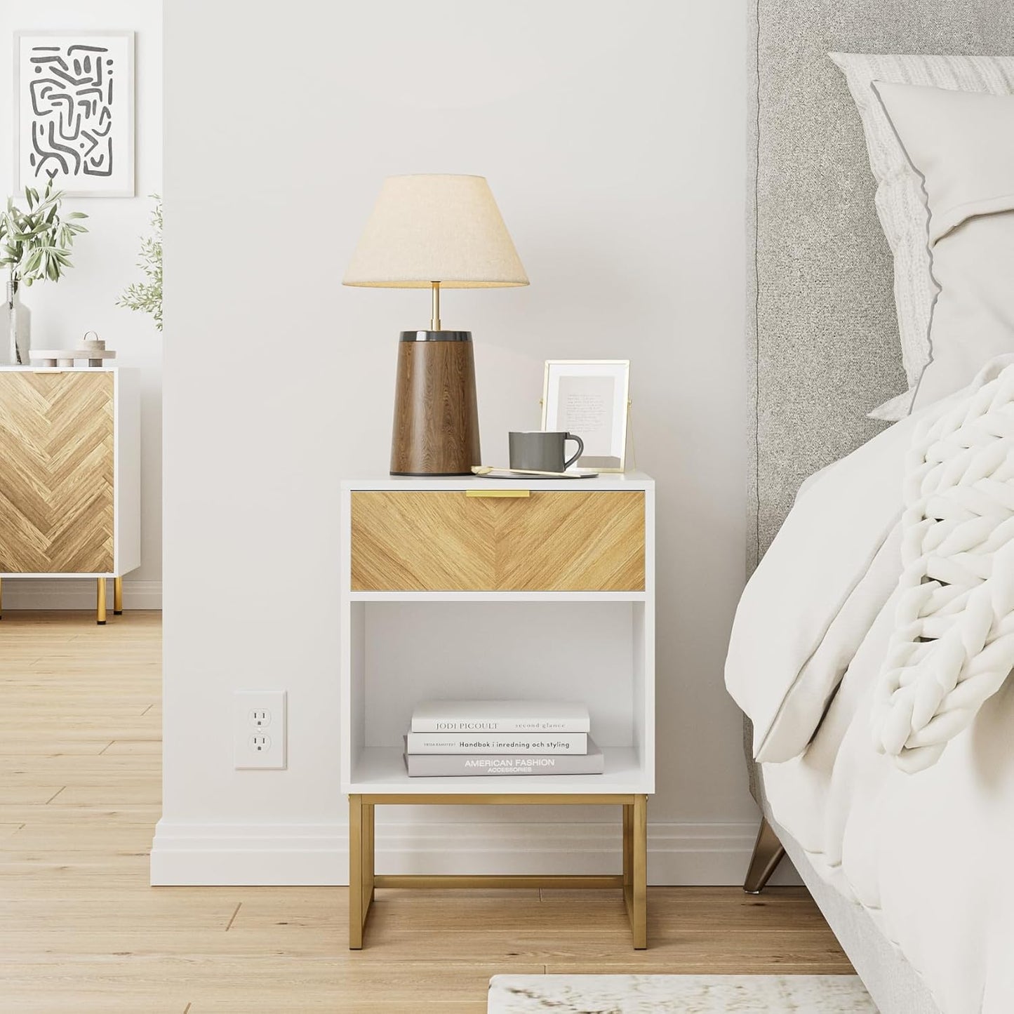 Masupu Nightstand,Modern Night Stand Boho Farmhouse Wood Bedside Table with Storage Drawer Side End Table for Bedroom,Living Room,Office,White