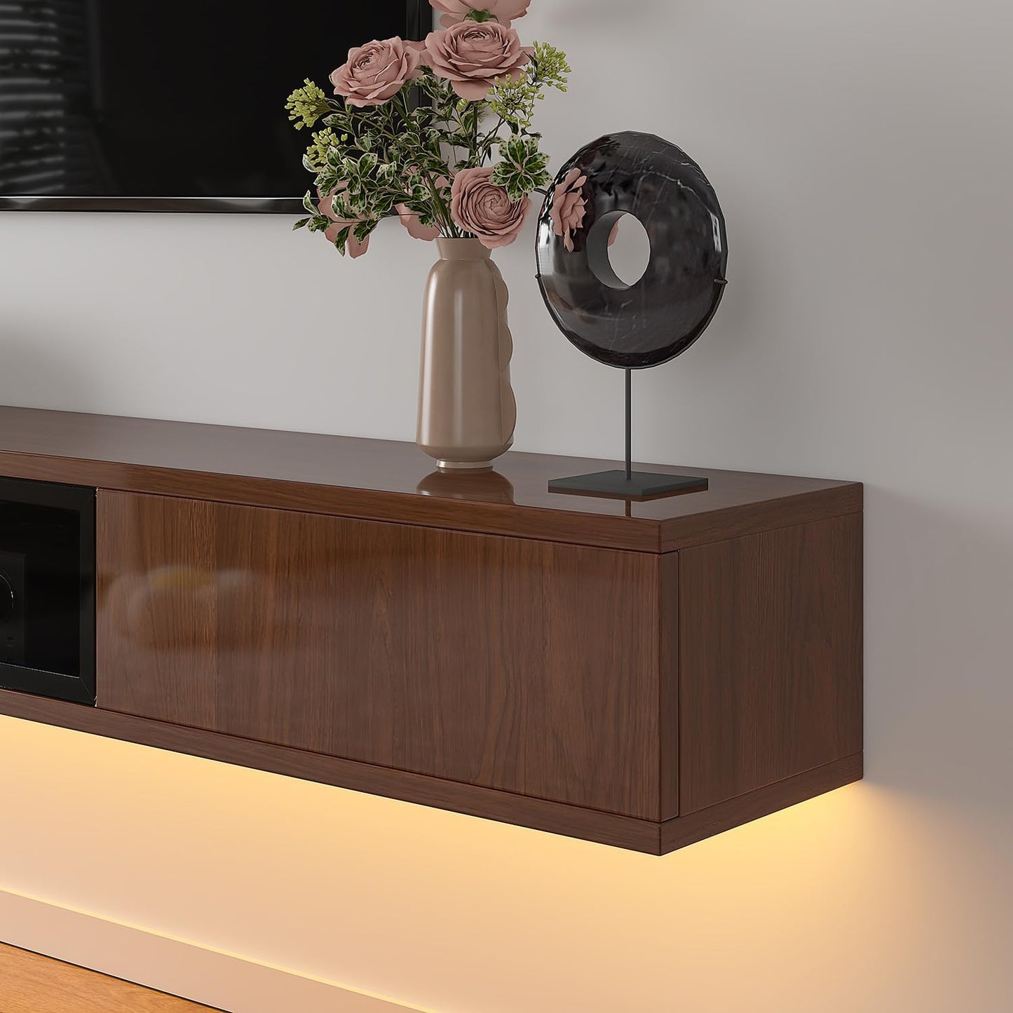 High Gloss Floating TV Stand,70'' Wall Mounted TV Console,Under TV Floating Shelf,Floating TV Cabinet with 3 Doors for Bedroom Living Room(Walnut)