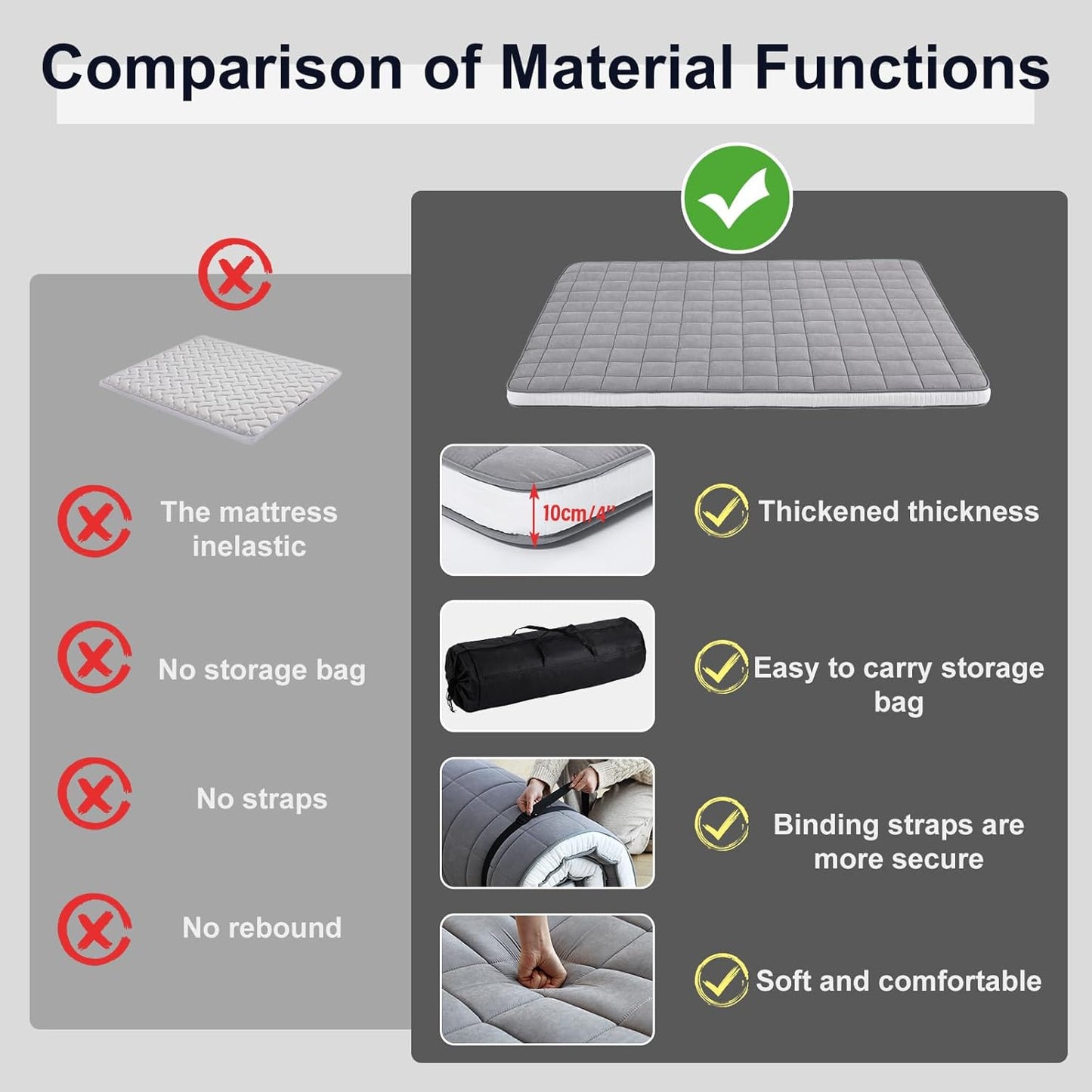 Tiita Futon Mattress 4” Thick Folding Roll Up Sleeping Pad with Bag & Strap, Bed Topper Mat for Guest, Lounger and Tavel, Gray,Queen Size