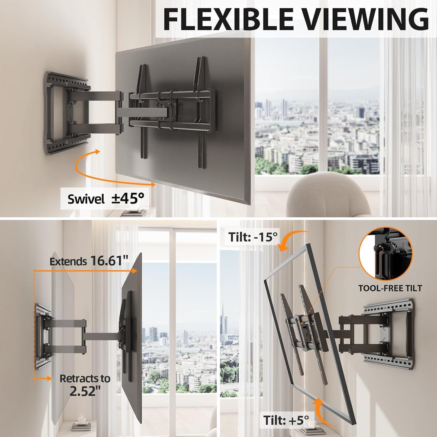 Full Motion 75 85 86 90'' TV Wall Mount Bracket, Loads 150 lbs Heavy Duty TV Mount, Swivel Tilt Extension Level, Complete Metal Bars & Wall Plate, up to 600x400mm VESA & 24'' Wood Studs