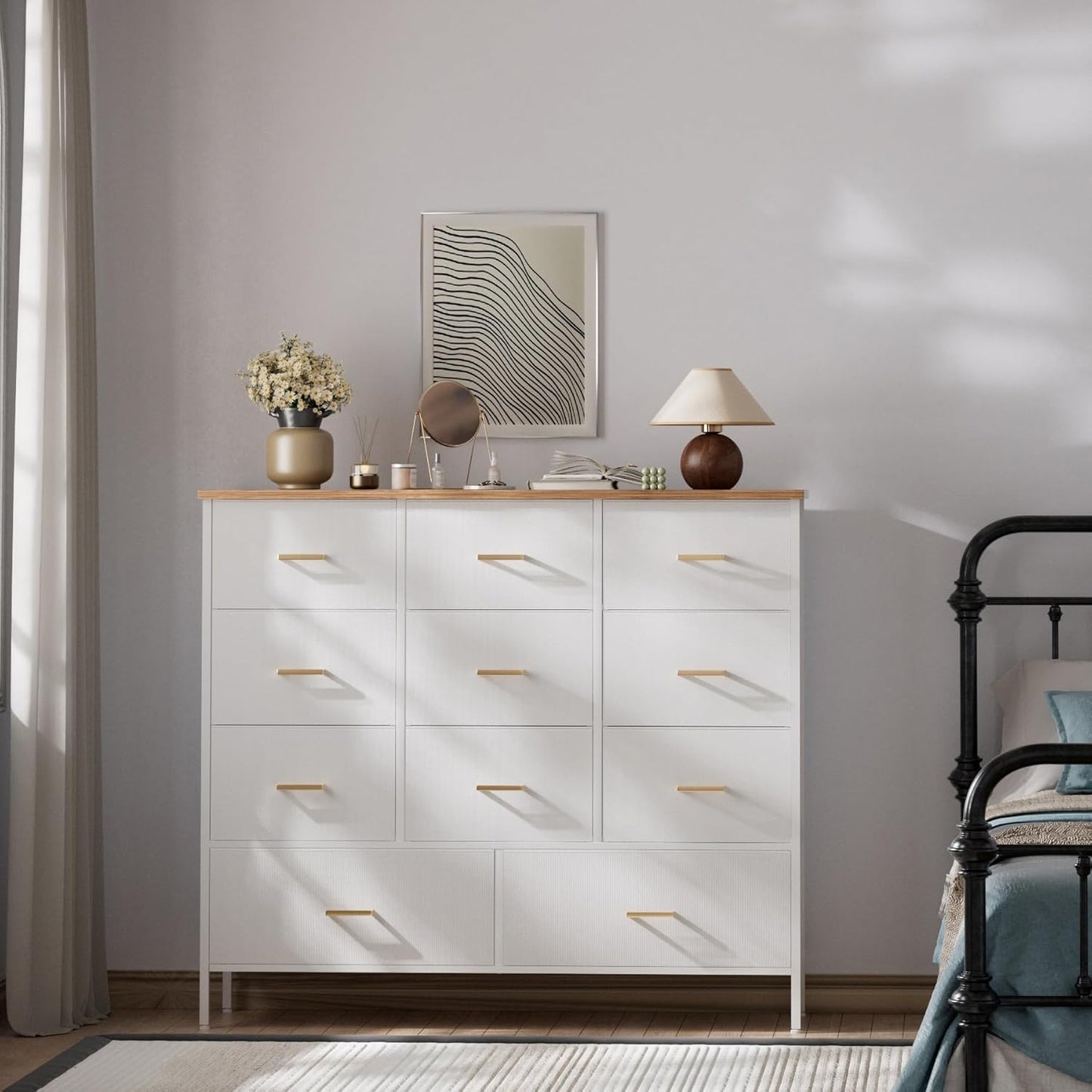 Wide TV Stand Modern TV Console, 11 Drawers Tall Dresser for Bedroom, Fabric Storage Cabinet, Chest of Drawers for Closet, Nursery, Living Room(White)