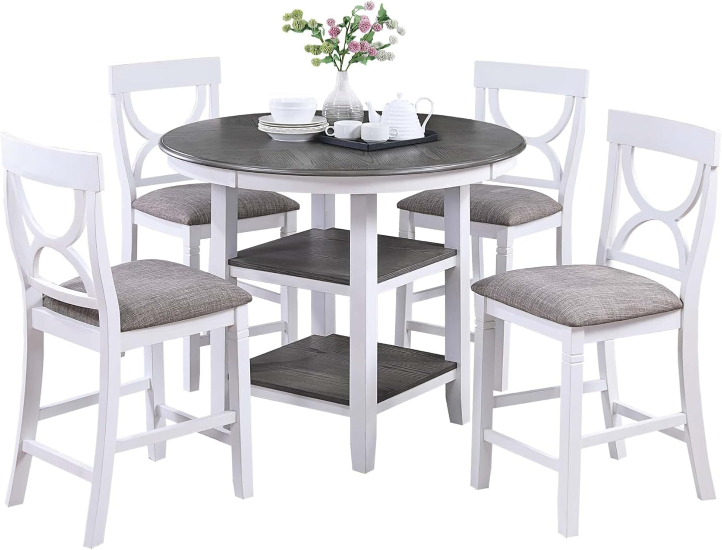 Poundex 5 Piece Counter Height Dining Set in White and Gray
