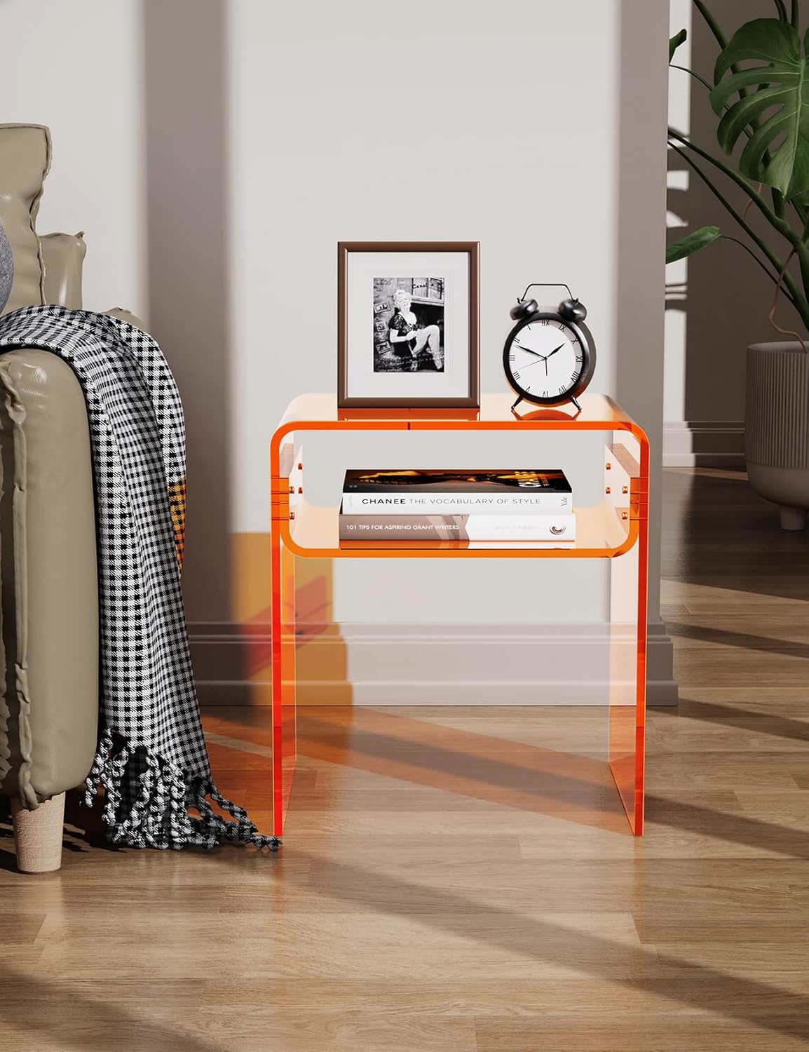 Clear Acrylic End Table 2-Tier Bedside nightstand for Living Room Bedroom Home Decor (Orange)