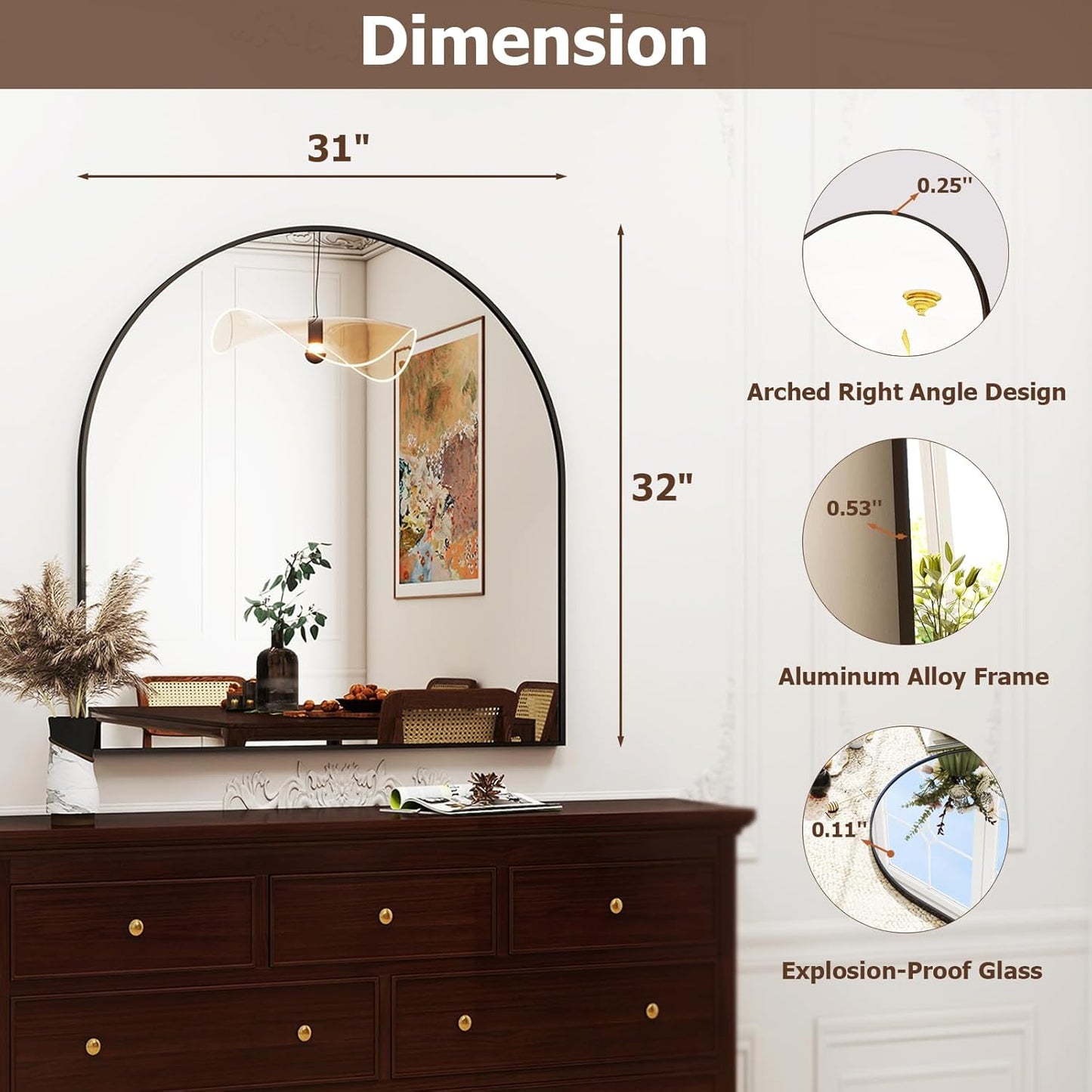 31"x32" Arched Wall Mirror for Bathroom, Black Vanity Mirror for Bedroom, Living Room, Entryway, Decorative Hanging Mirror for Wall