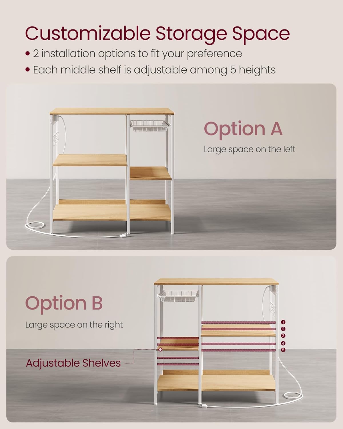 VASAGLE Baker's Rack, Coffee Bar Stand with Charging Station, Storage Shelves, Pull-Out Wire Basket, Table for Microwave, Kitchen, Oak Beige UKKS036Y09, 15.7 x 35.4 x 35.6 Inches