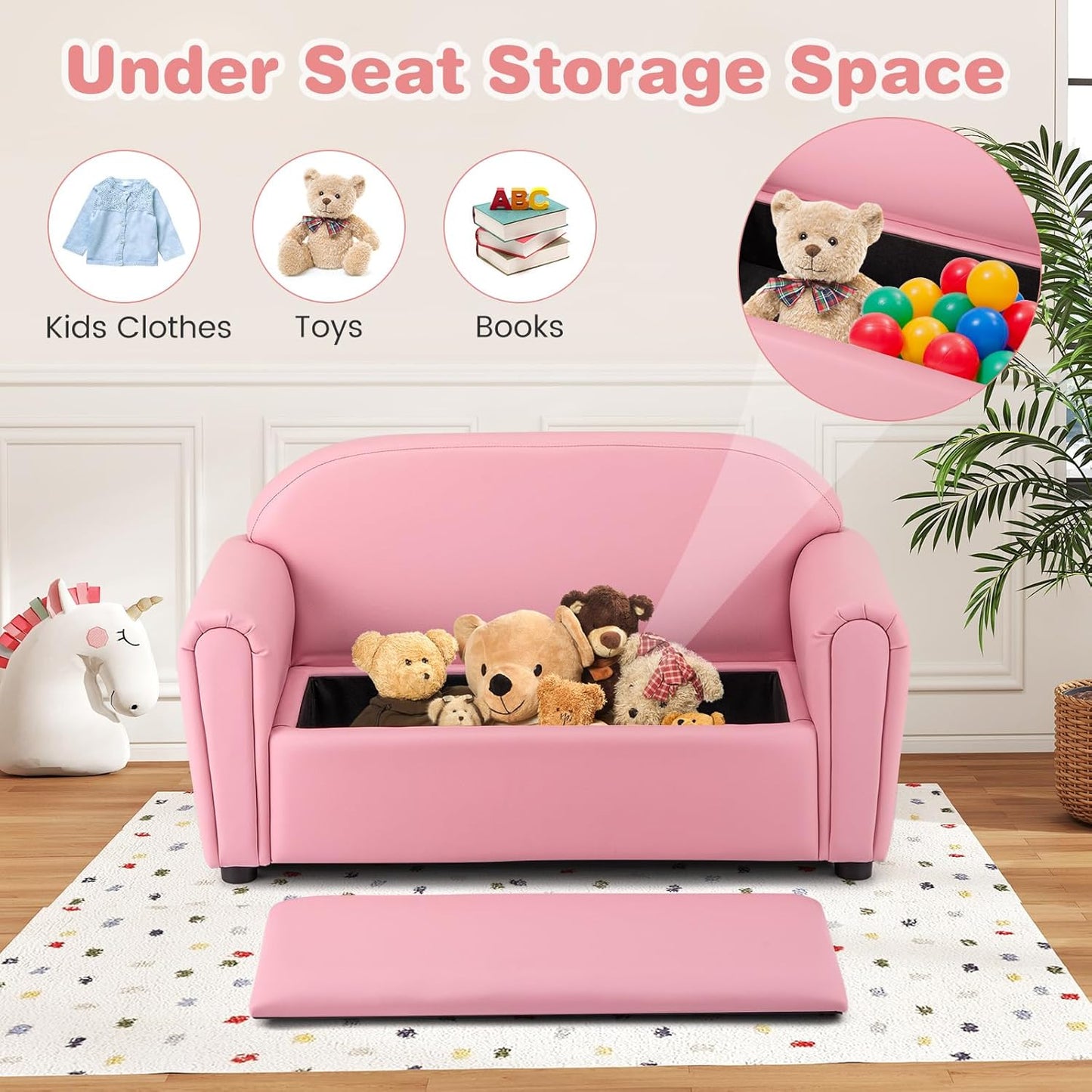 Costzon Kids Couch, 2 in 1 Double Seat Children's Sofa w/Under Seat Storage, PU Leather Surface, Toddler Armrest Chair, Kids Room, Soft Children Pink Sofa with Storage for Preschool Baby Girls Gifts