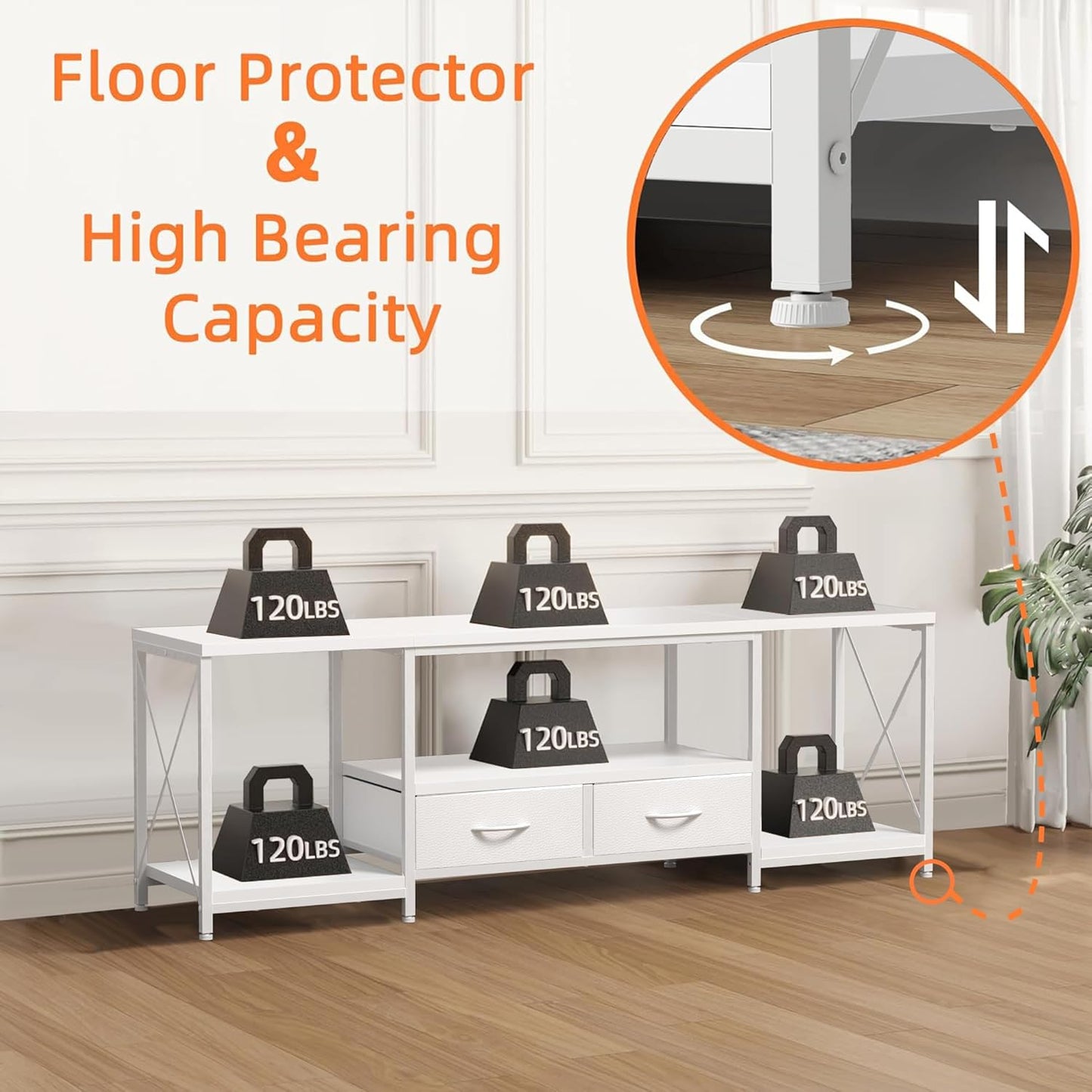 TV Stand with Fabric Drawers for 55 60 65 Inches TV - Entertainment Center and Industrial TV Console Table with Open Storage Shelves for Living Room, Bedroom - 55.1" White