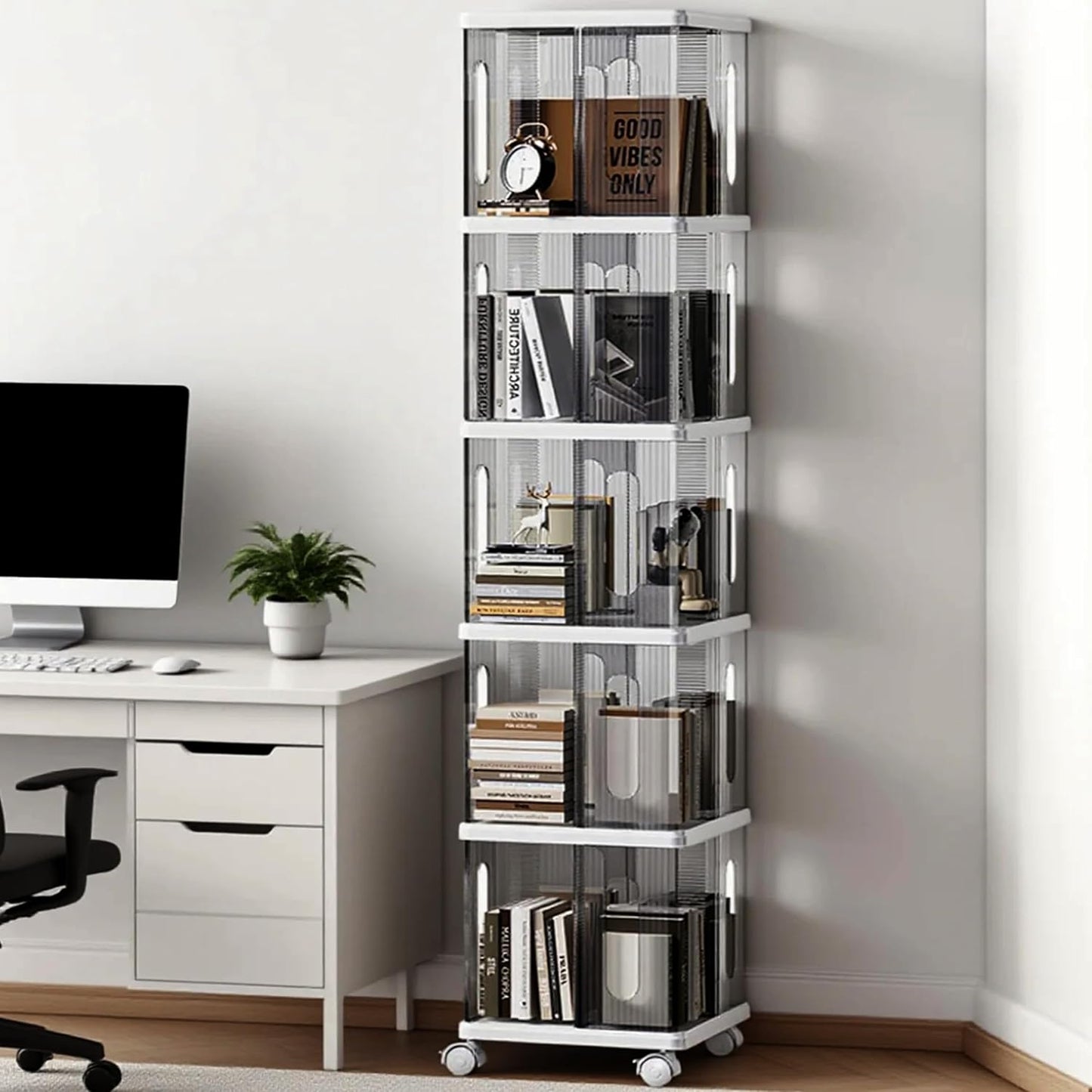 Rotating Bookshelf Tower, 360-Degree rotating bookshelves, Small Space Spinning Bookshelf with Wheels, Revolving Bookcase Suitable for Bedrooms, Living Rooms, Studies and Offices (Grey,5Tier)