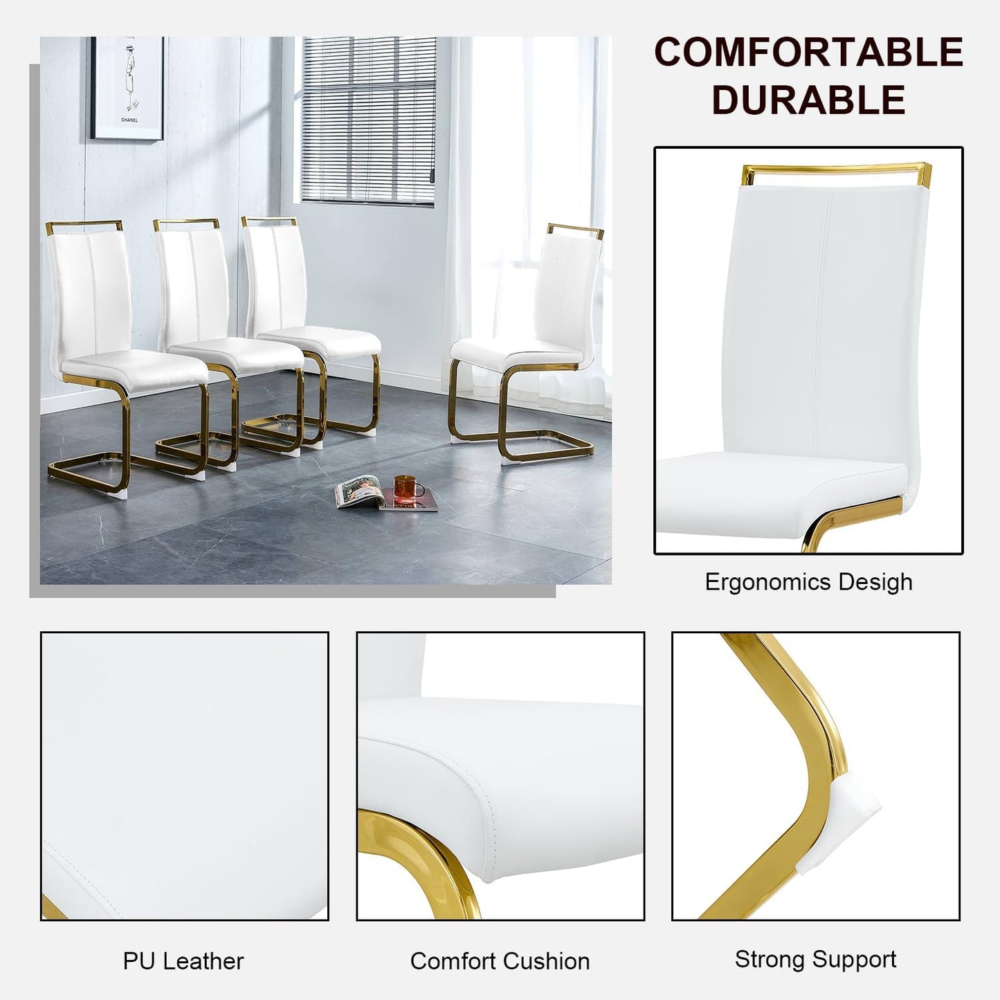 Modern Dining Chairs Set of 4,High Back White Kitchen Chairs,Faux Leather Side Chair with Gold Plated Metal Legs,Easy to Clean Upholstered Dining Chairs,Ideal for Living Room(Gold Leg)