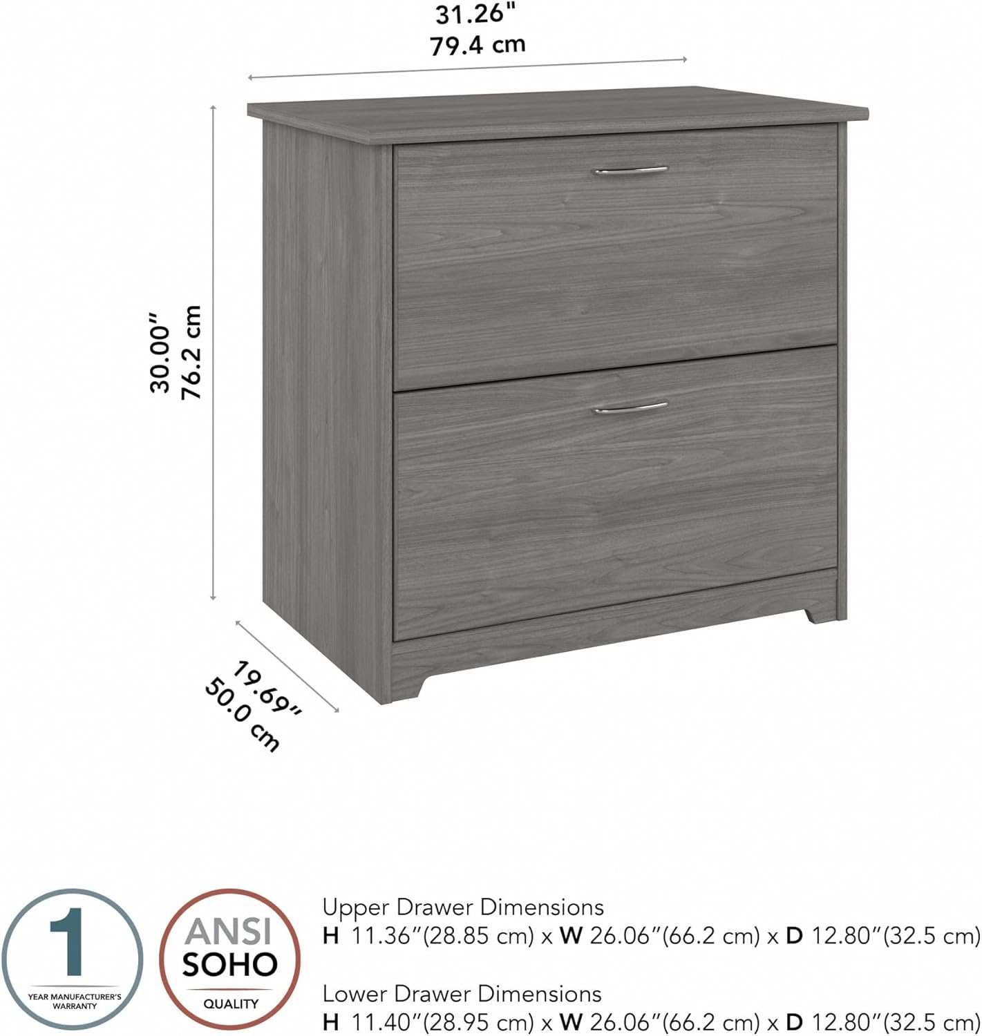 Bush Furniture Cabot 2 Drawer Lateral File Cabinet in Modern Gray, Home Office Chest for Letter, Legal, and A4-size Document Storage