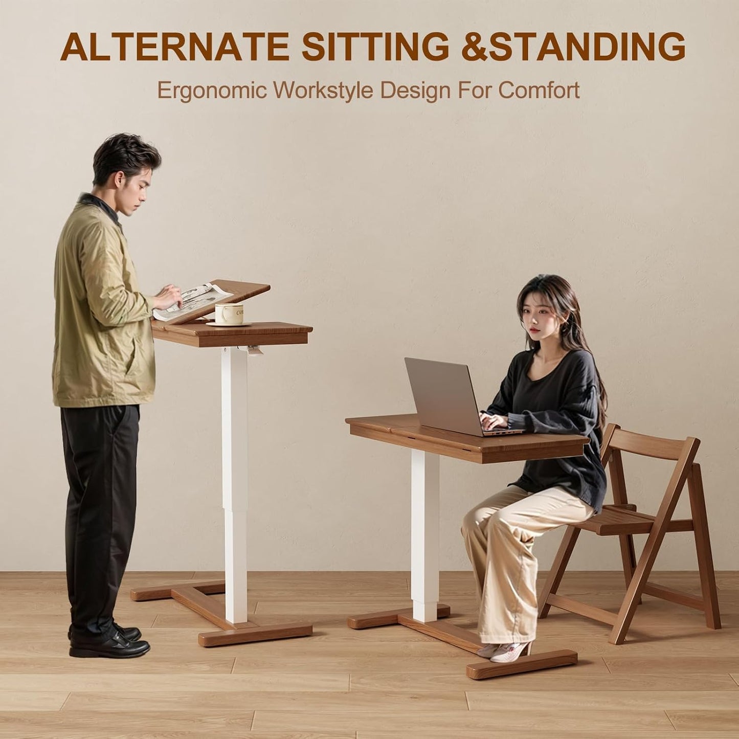 Solid Wood Overbed Bedside Table with Wheels, Adjustable Medical Tilt Top Hospital Bed Table Over The Bed, Rolling Laptop Desk, Mobile Standing Desk for Hospital and Home Use (Walnut)