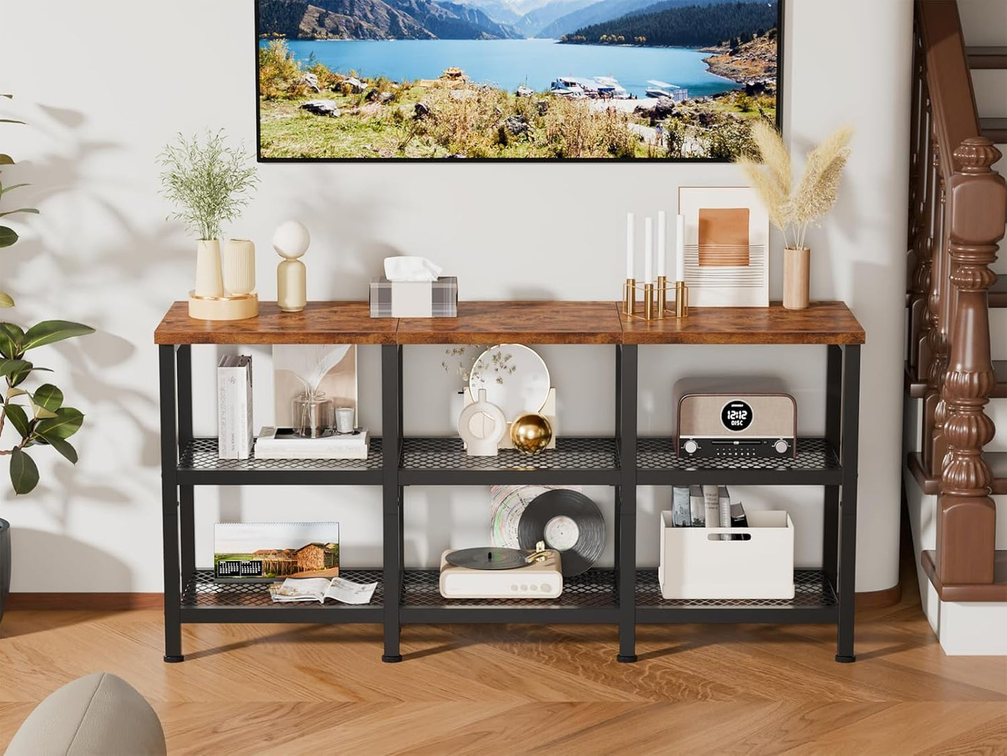 Furologee TV Stand, Small Media Console Table with 3-Tier Storage Shelves, Industrial Entertainment Center for TVs up to 50 Inch, Television Stands for Living Room, Bedroom, Rustic Brown