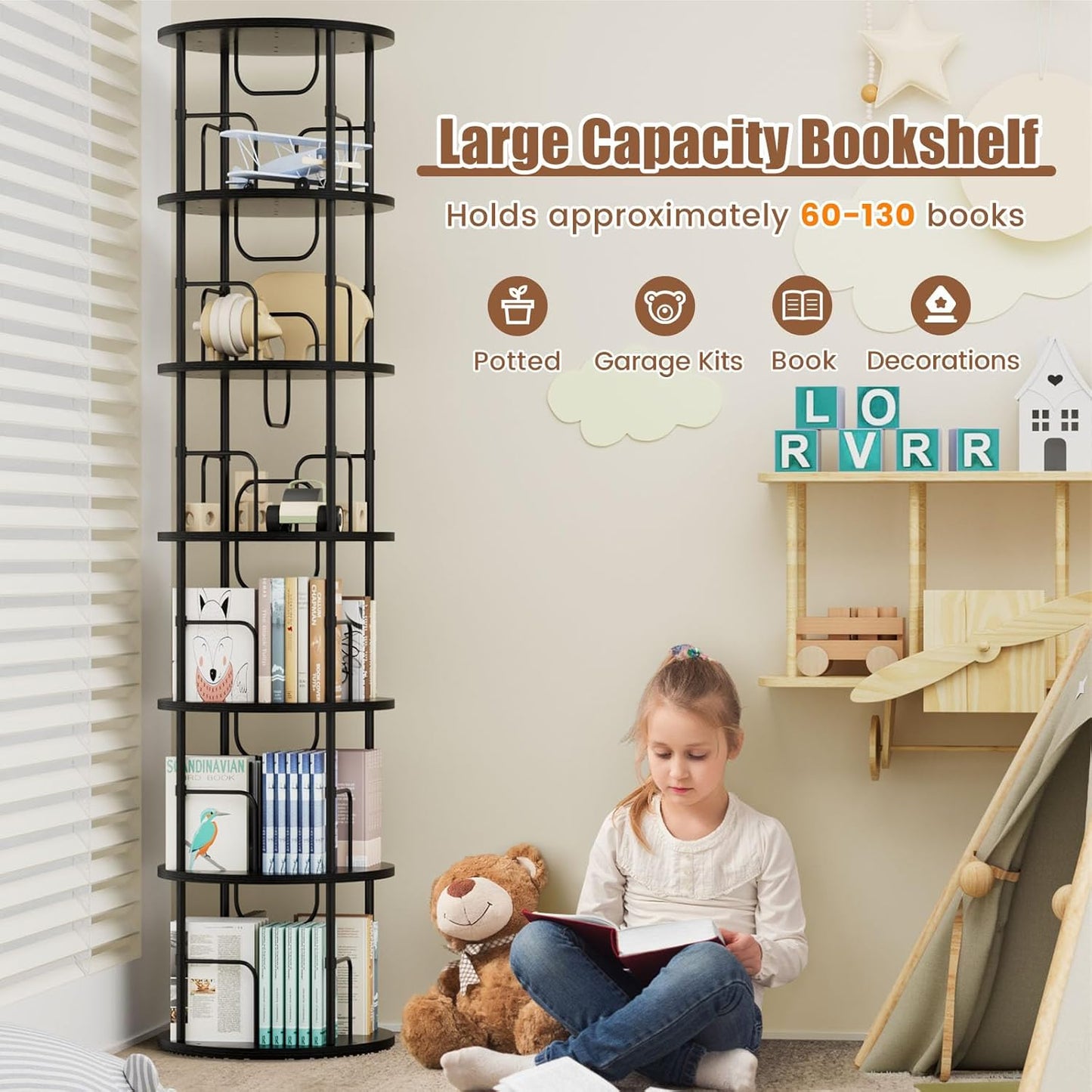 6 Tier Rotating Bookshelf, 360 ° Display Stackable Spinning Bookshelf Tower, Corner Bookshelf Tall Floor Standing Swivel Bookcase Narrow Storage Organizer for Bedroom, Living Room, Black