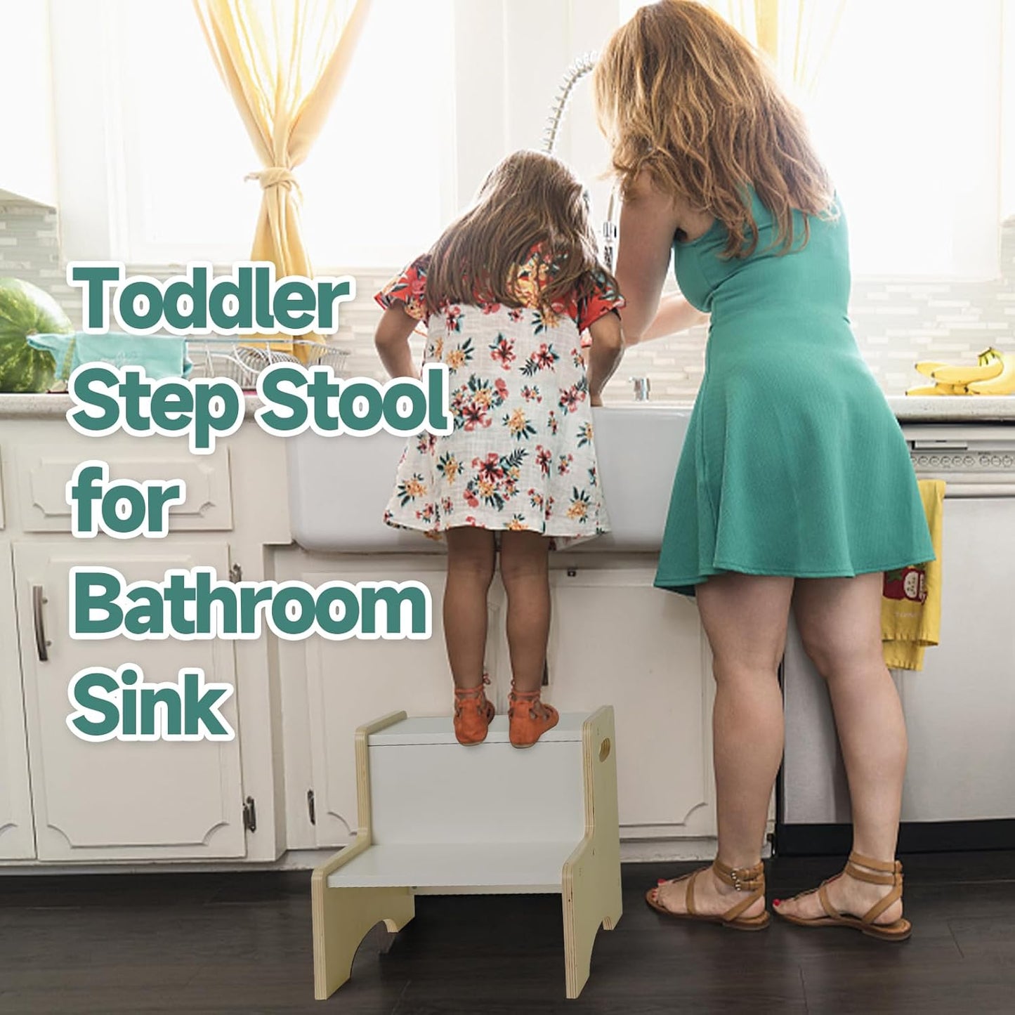 WOOD CITY Kids Step Stool for Toddler, Wooden Natural-White Patchwork Two Step Children's Stool with Handles, Bonus Non-Slip Pads for Safety, Bathroom Potty Stool & Kitchen Step Stools Dual Height