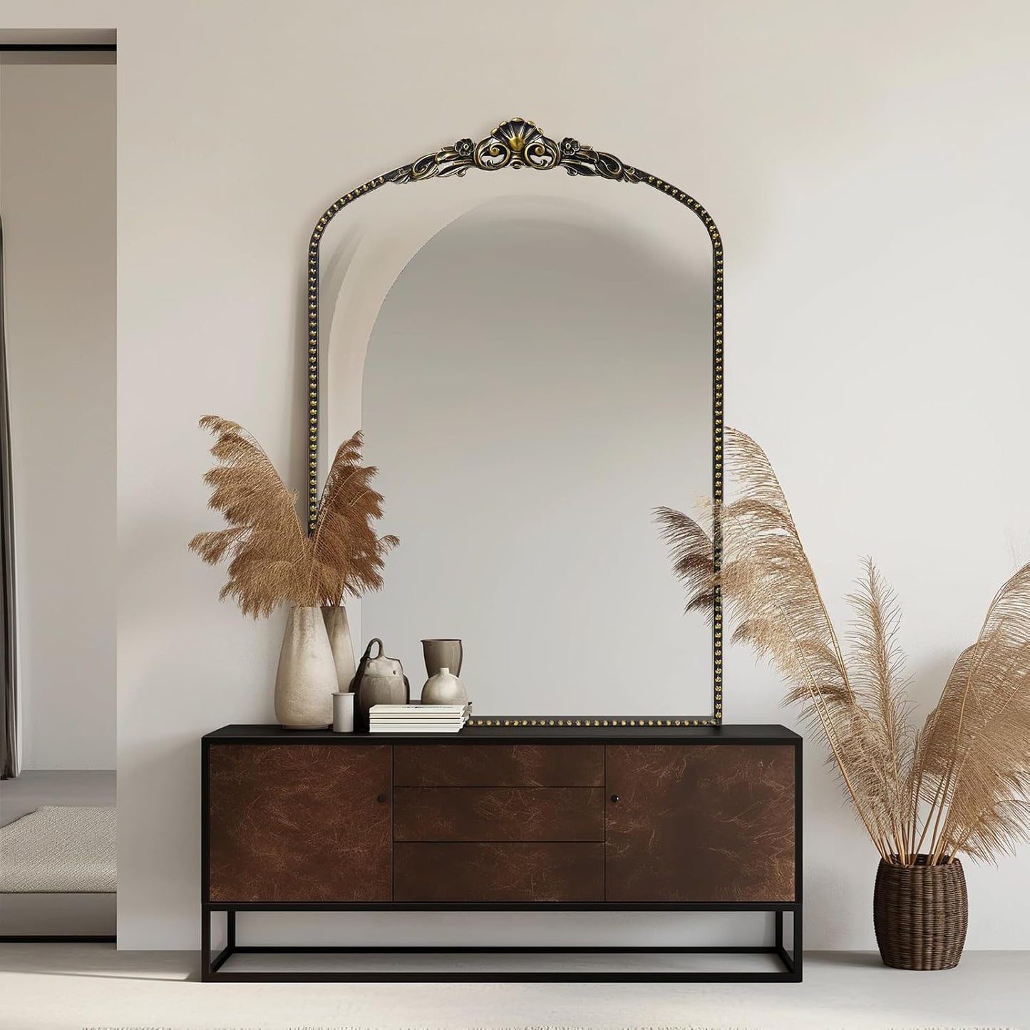 G-LEAF Vintage Baroque Mirror 24"X36", Victorian Antique Farmhouse Mantel Mirror with Black Brush Gold Ornate Metal Frame for Fireplace Entryway Living Room Hallway Bathroom