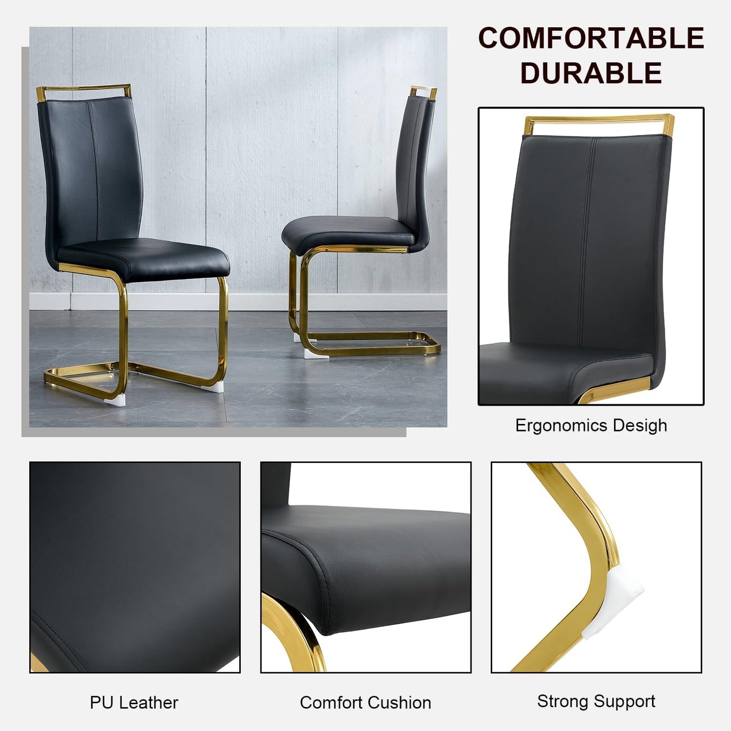 Modern Dining Chairs Set of 4,High Back Black Kitchen Chairs,Faux Leather Side Chair with Gold Plated Metal Legs,Easy to Clean Upholstered Dining Chairs,Ideal for Living Room(Gold Leg)