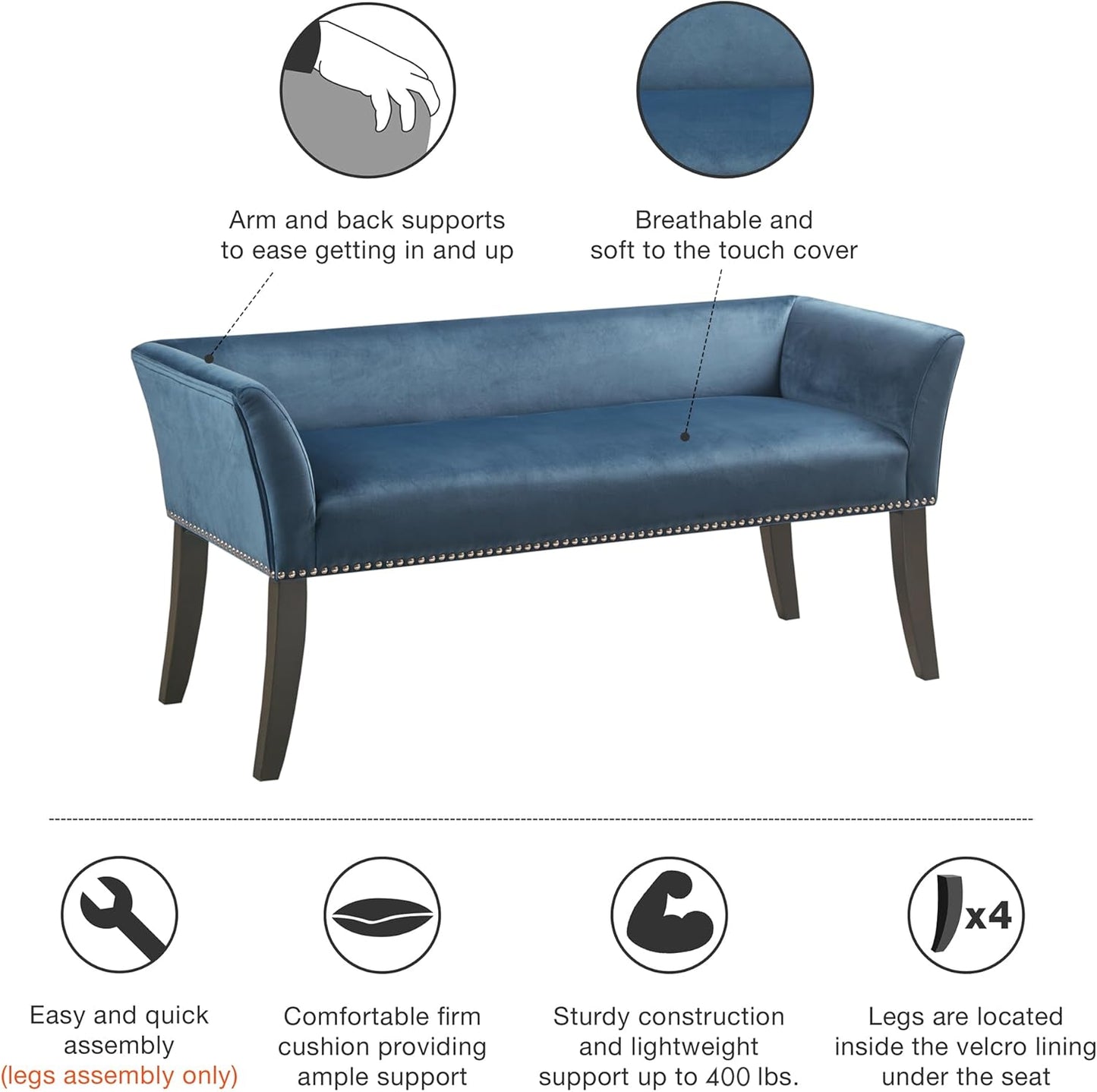 Madison Park Accent Bench, Upholstered with Nailhead Trim, & Padded Seat Entryway Bench Small, End of Bed Bench with Back, 49.5" W x 19.25" D x 23" H, Blue
