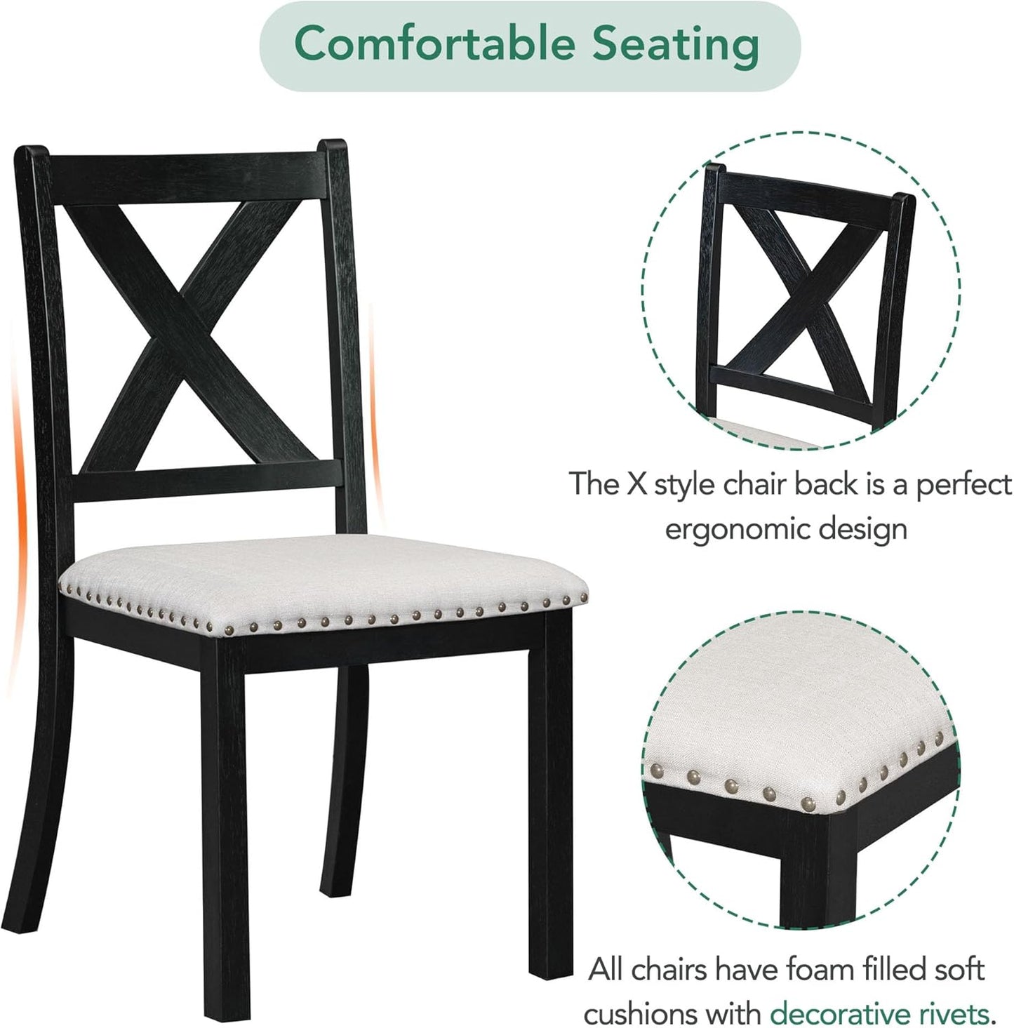 Ball & Cast Farmhouse 6 Piece Extendable Dining Table with Footrest,Living Room Furniture w/ 4 Upholstered Dining Chairs & Dining Bench,2 11" Removable Leaf,for Dining Room & Kitchen,Black+Beige