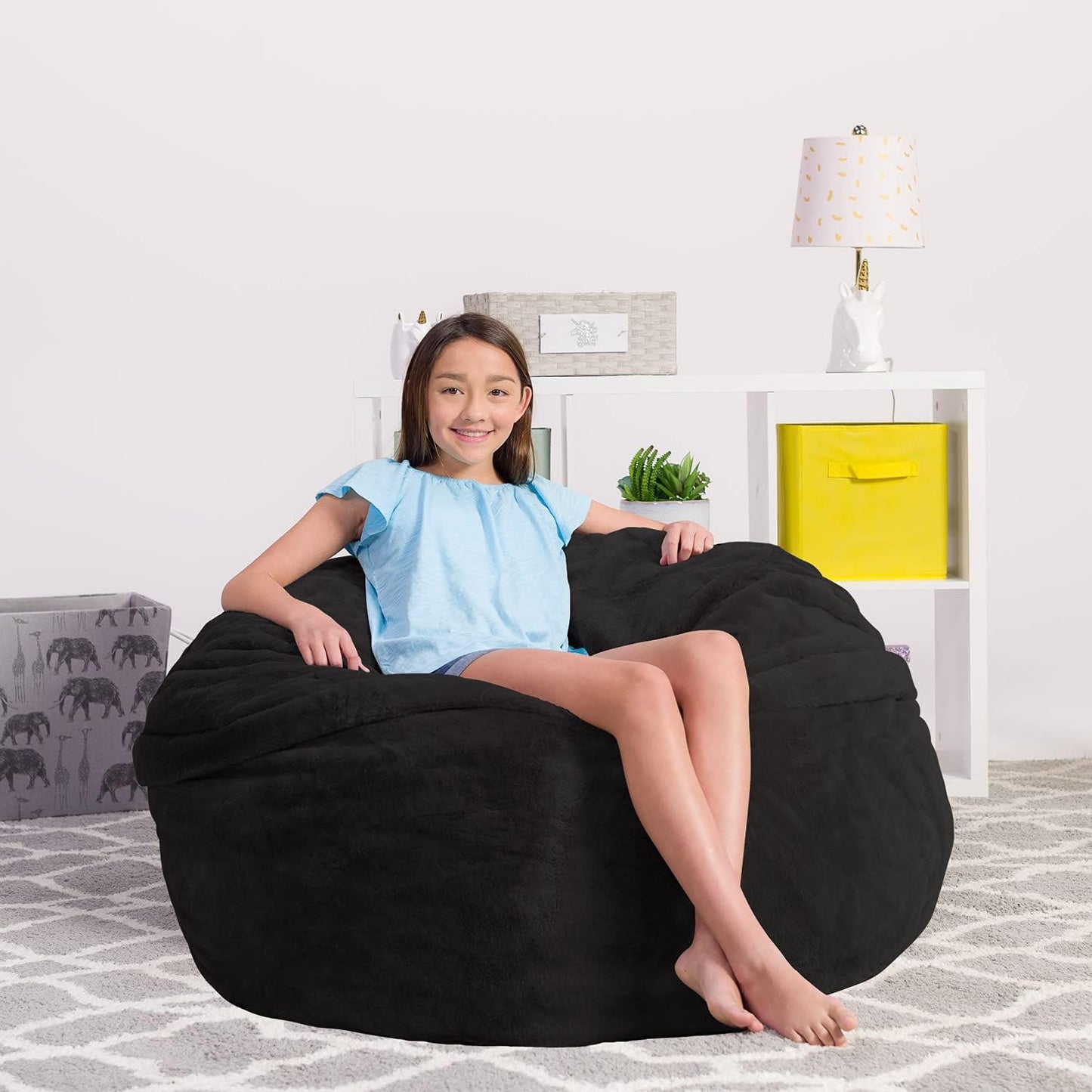 Chill Sack Bean Bag Chair - 5' Giant Memory Foam Lounge Chair with Soft Microfiber Cover – Cozy Furniture for Living Room, Dorm, & Kids' Rooms – Comfortable 5 Ft, Faux Rabbit Fur Lounge Sofa, Black