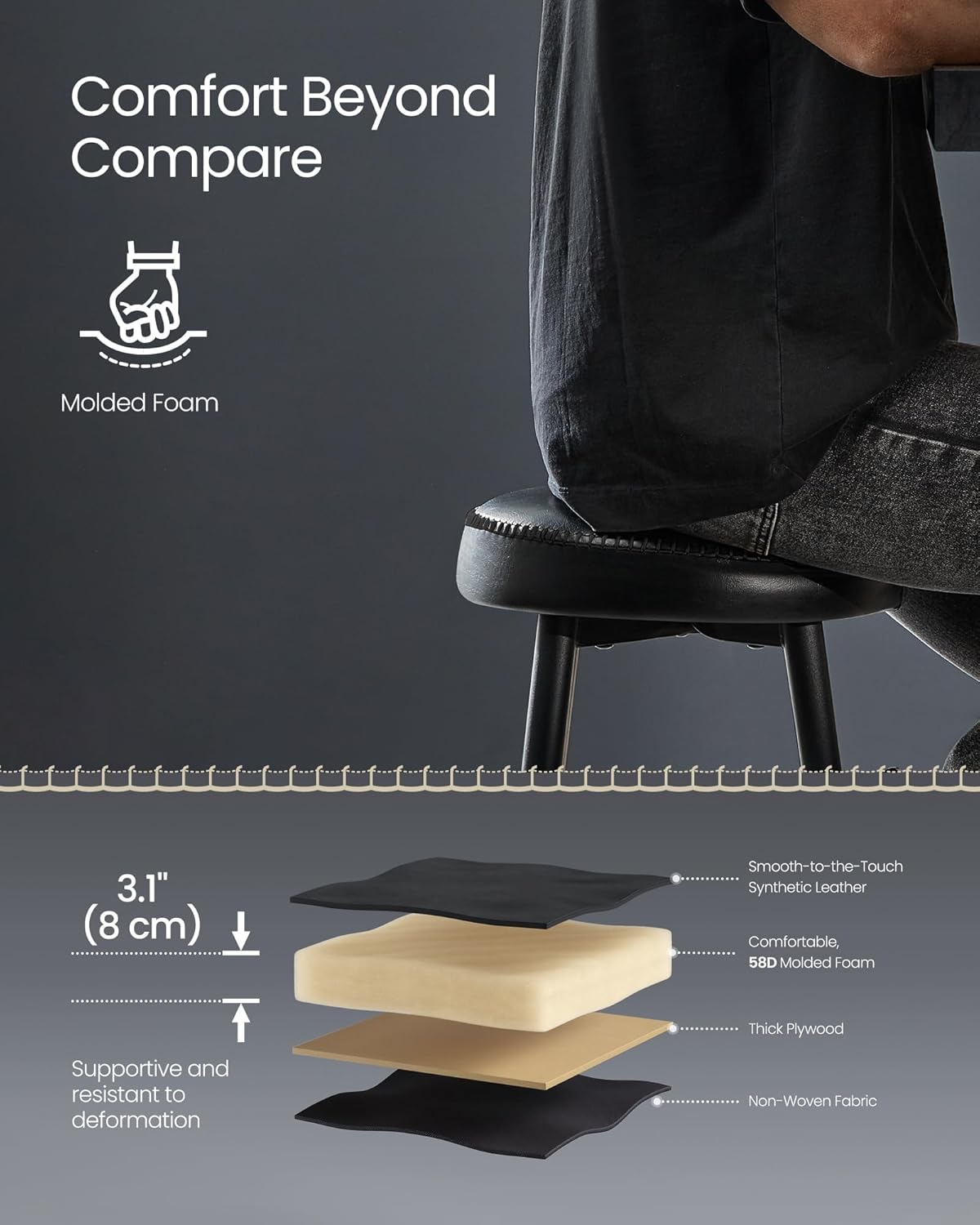 VASAGLE EKHO Collection - Bar Stools Set of 2, Counter Height Bar Stools, Kitchen Counter Stools, Mid-Century Modern Backless Counter Stools, 24.8-Inch Tall, Kitchen Island Home Bar, Ink Black