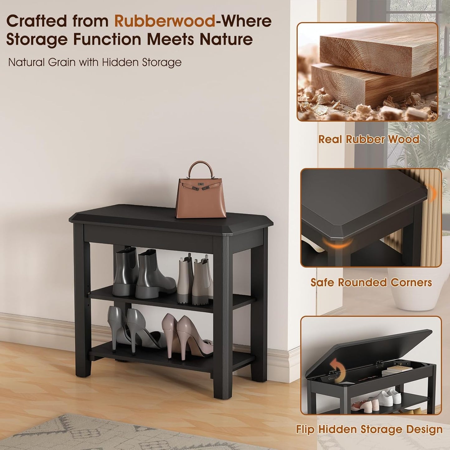 Shoe Rack Bench Seat Rubberwood 2-Tier Wooden Storage Bench 550lbs Compact Mid-Century Modern Design for Entryway, Hallway, Closet, Front Door Entrance, Foyer